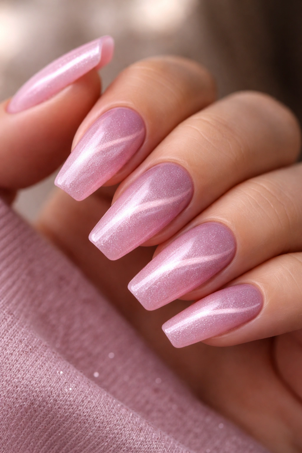 Medium-length ballerina nails with cool pink cat-eye velvet finish