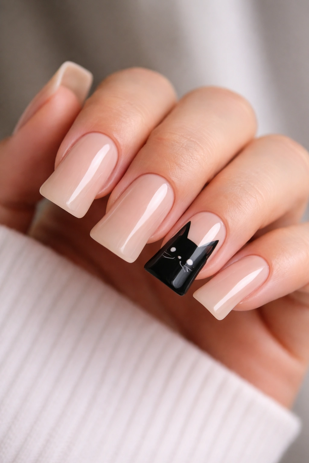 Nude duck nails with a minimalist black cat face accent nail