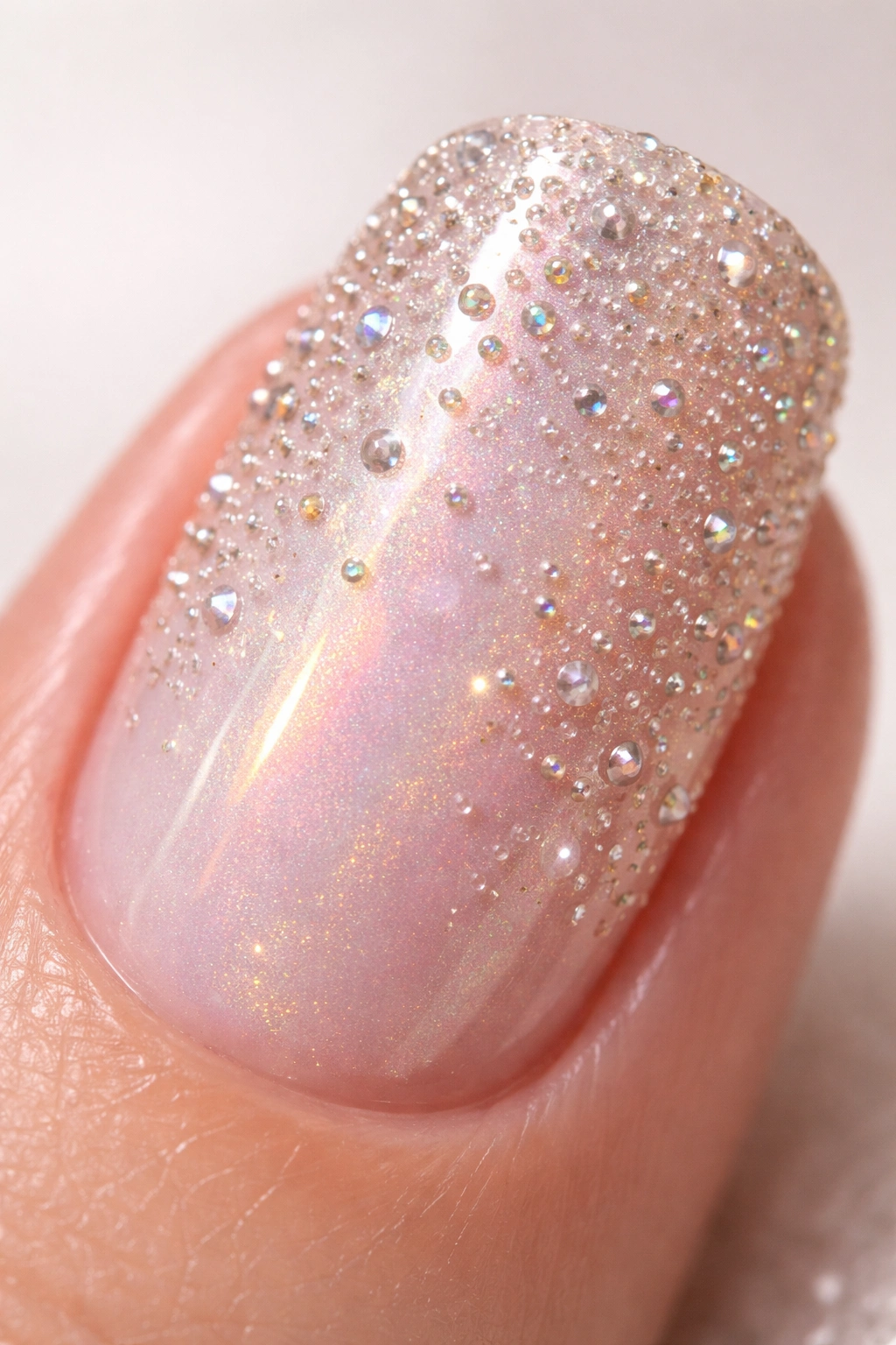 Macro shot of nail with caviar beads on glossy glazed gel