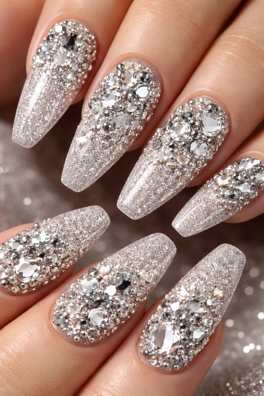 Nails with mixed shape gems and caviar beads for textured look