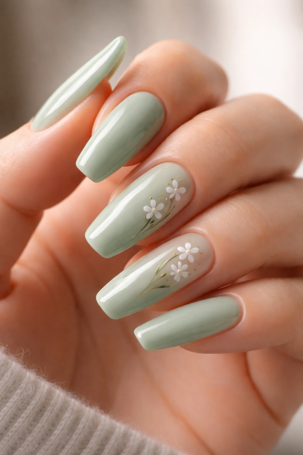 Celadon nails with tiny white florals on two nails