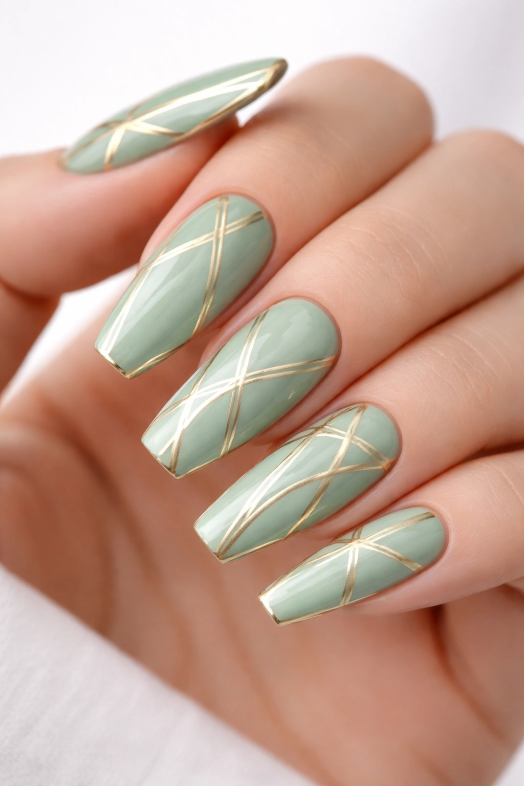 Close-up of coffin nails in pale celadon with gold geometric patterns