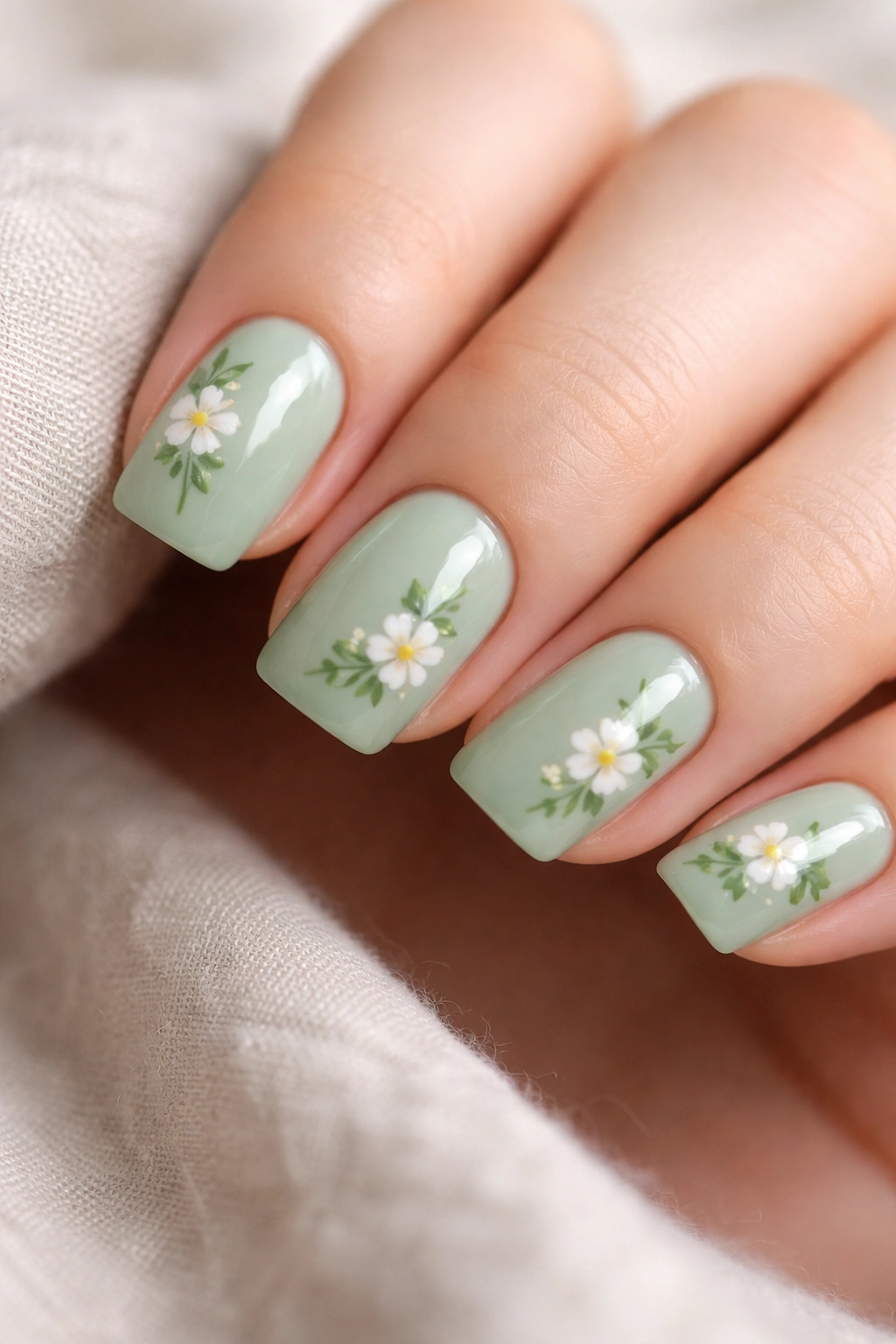 Close-up of celadon green nails with simple white floral accents on short nails