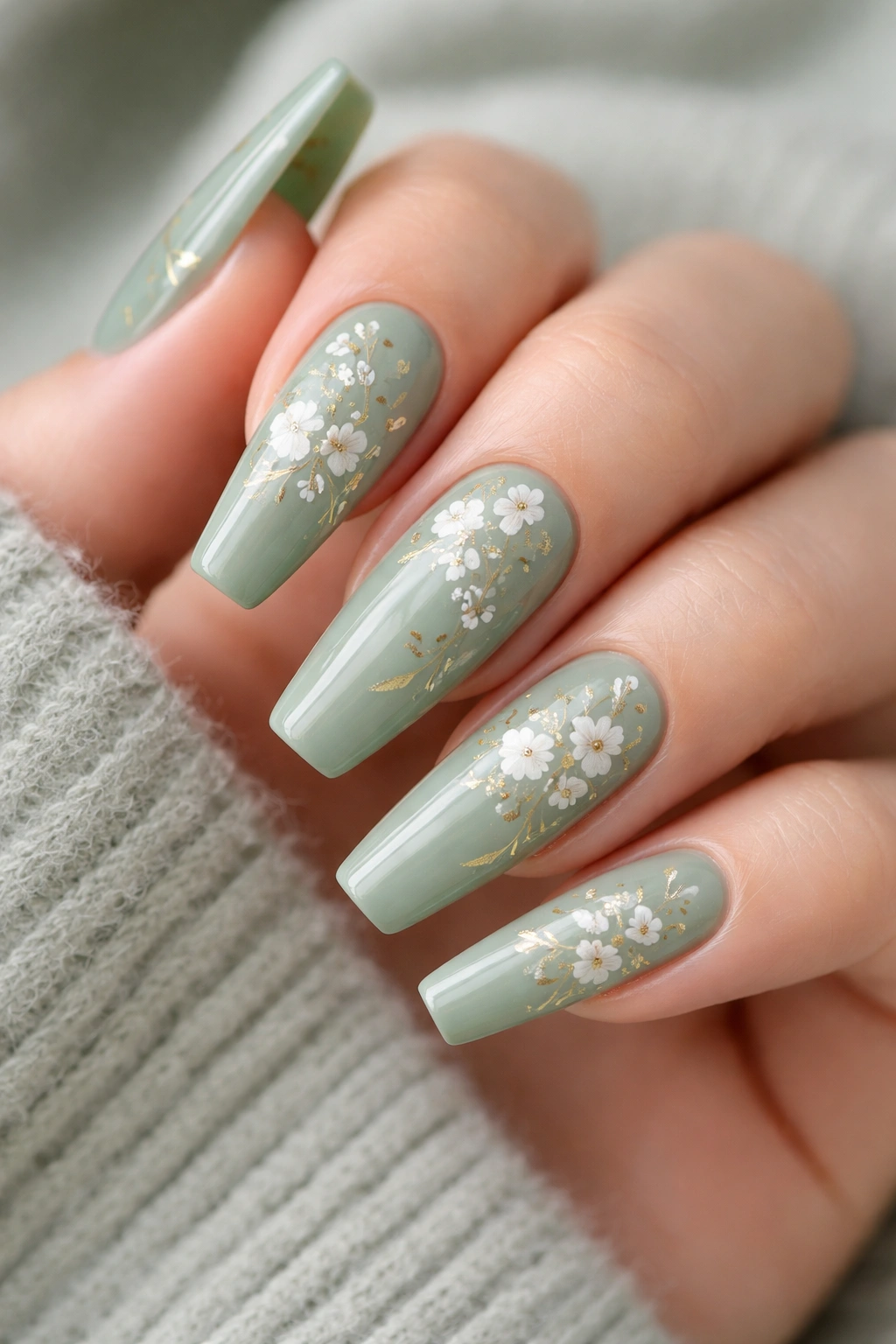 Close-up of celadon green nails with delicate floral stamps
