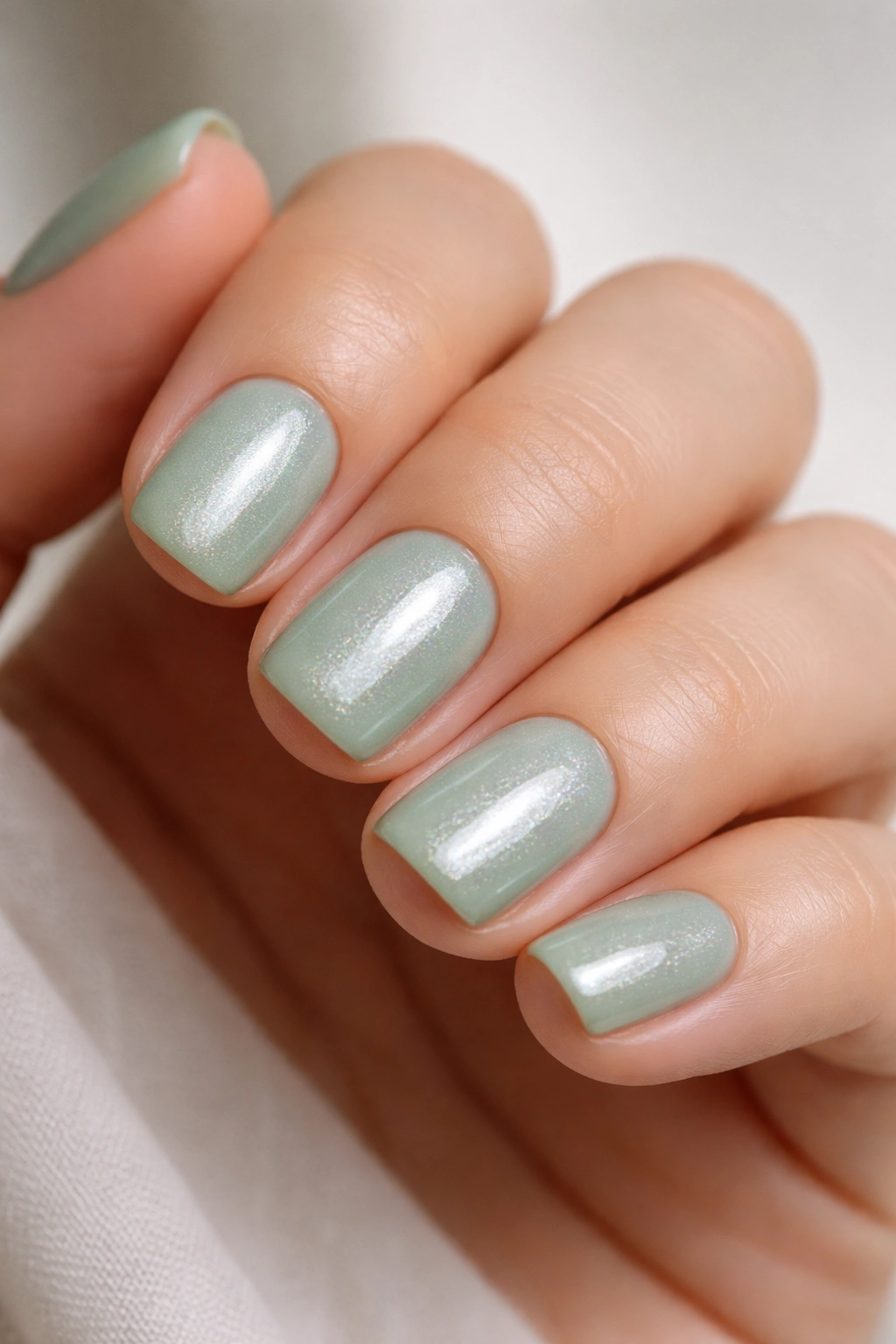 Close-up of celadon nails with subtle pearl shimmer