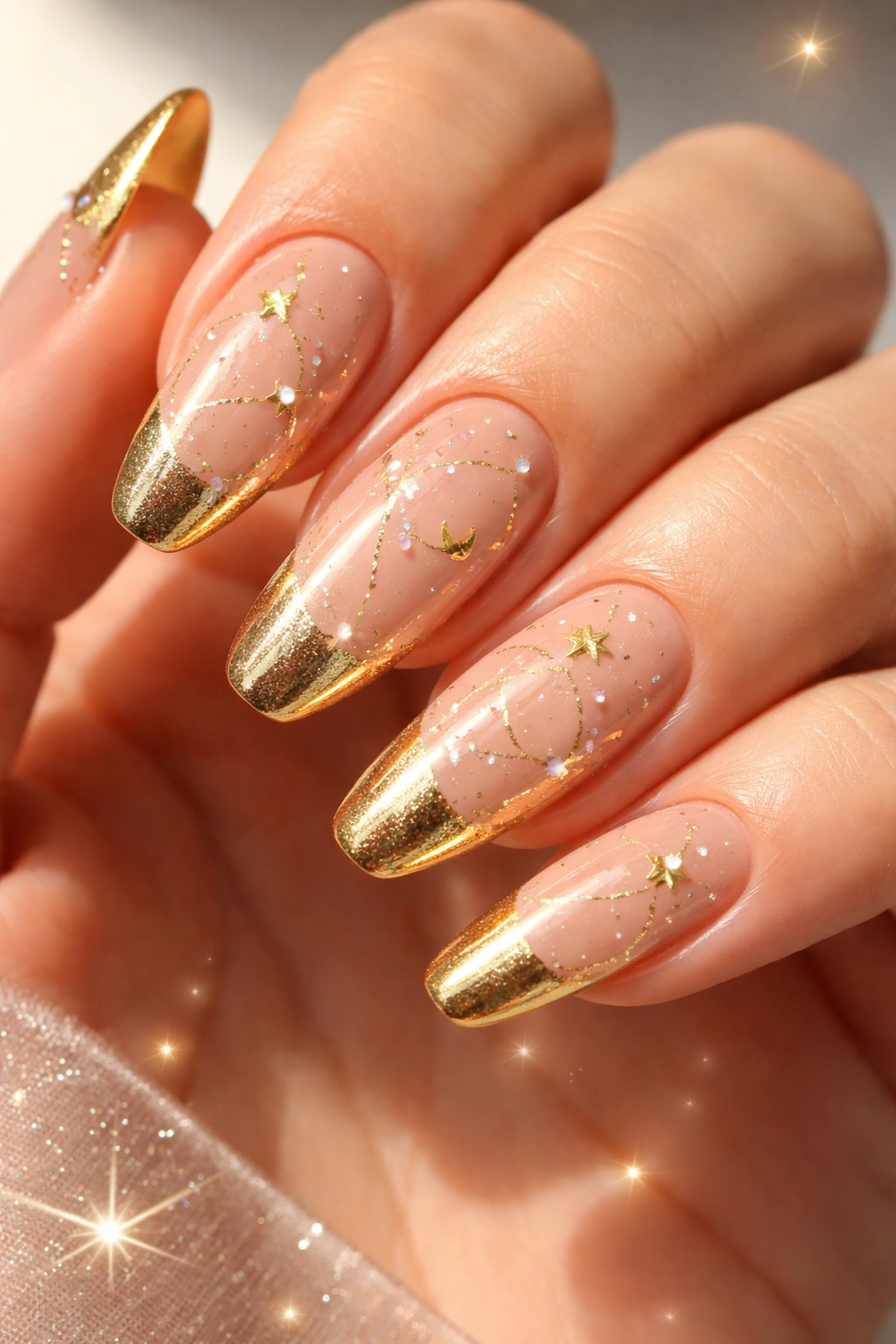 Nails featuring celestial gold tips with tiny stars and moons
