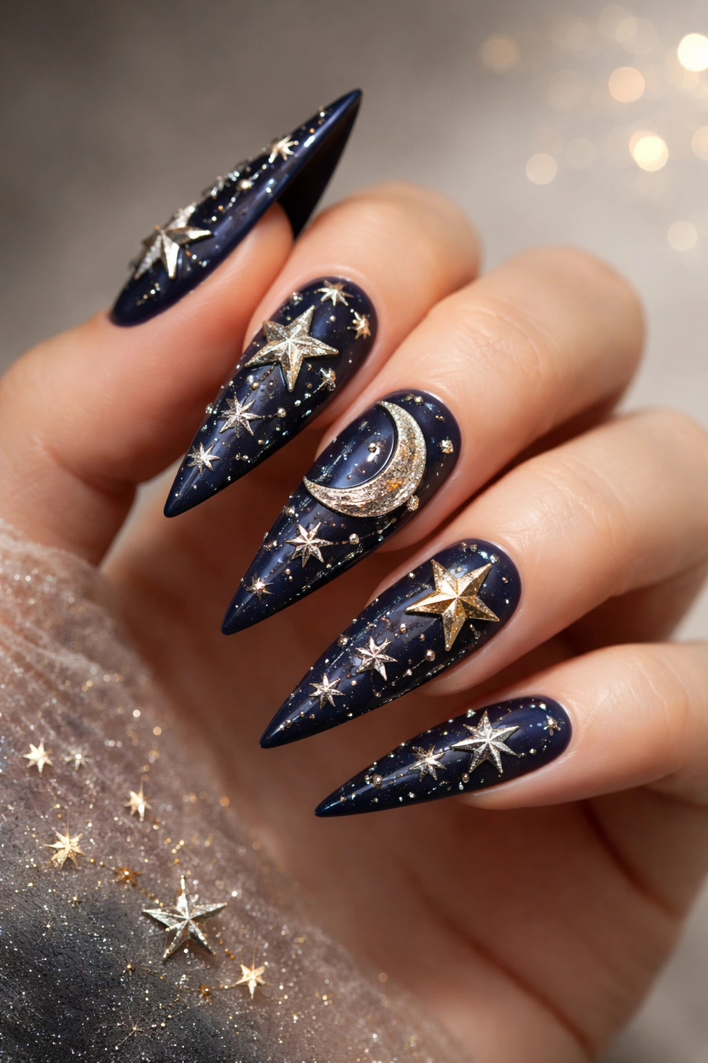 Close-up of navy stiletto nails with dimensional gold and silver stars and a moon accent