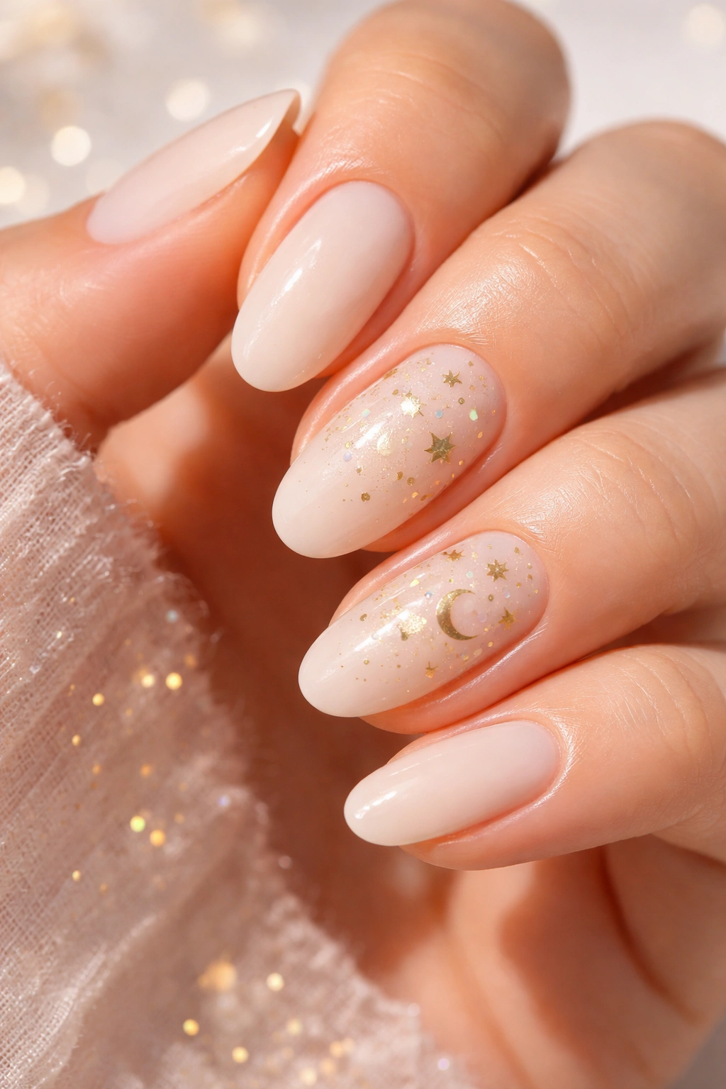 Close-up of nails with white/nude base and gold star accents for celestial spring nails