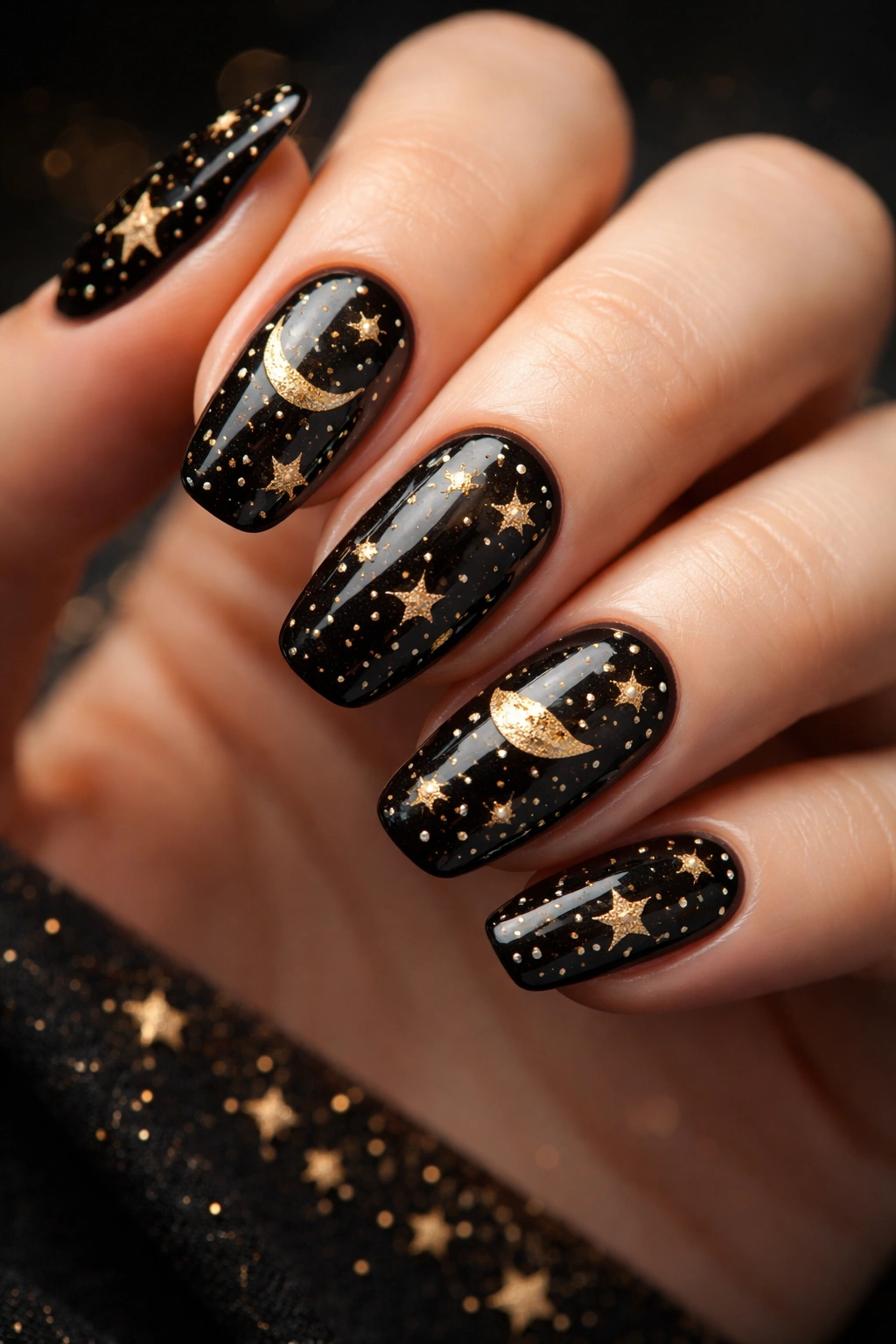 Close-up of black nails with gold celestial stars and moons, glossy starry manicure