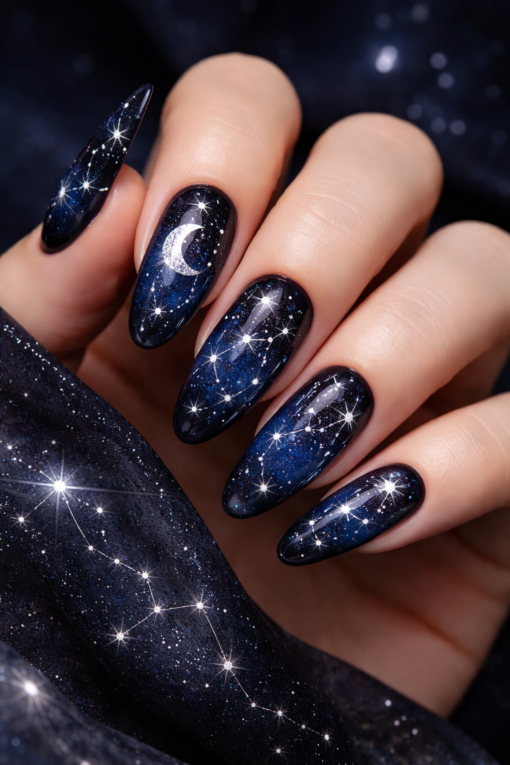 Nails with moons and stars on a dark celestial background