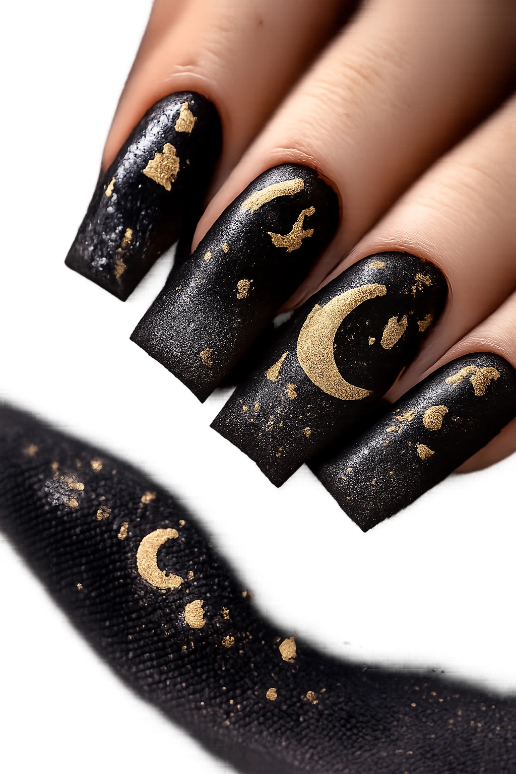Nails with crescent moons and stars on a black gradient