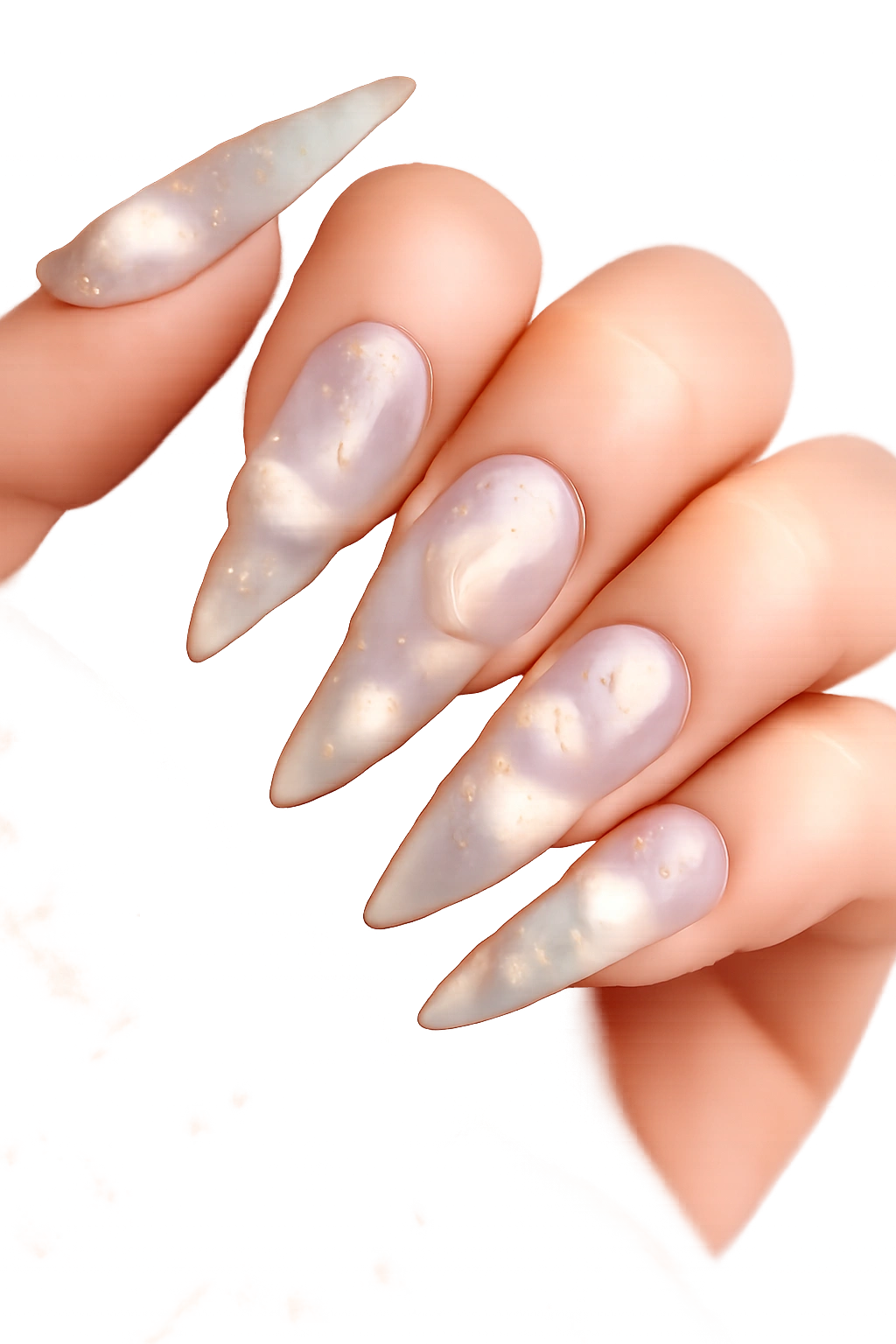 Stiletto nails with star, moon, and cloud celestial motifs on pale blue base