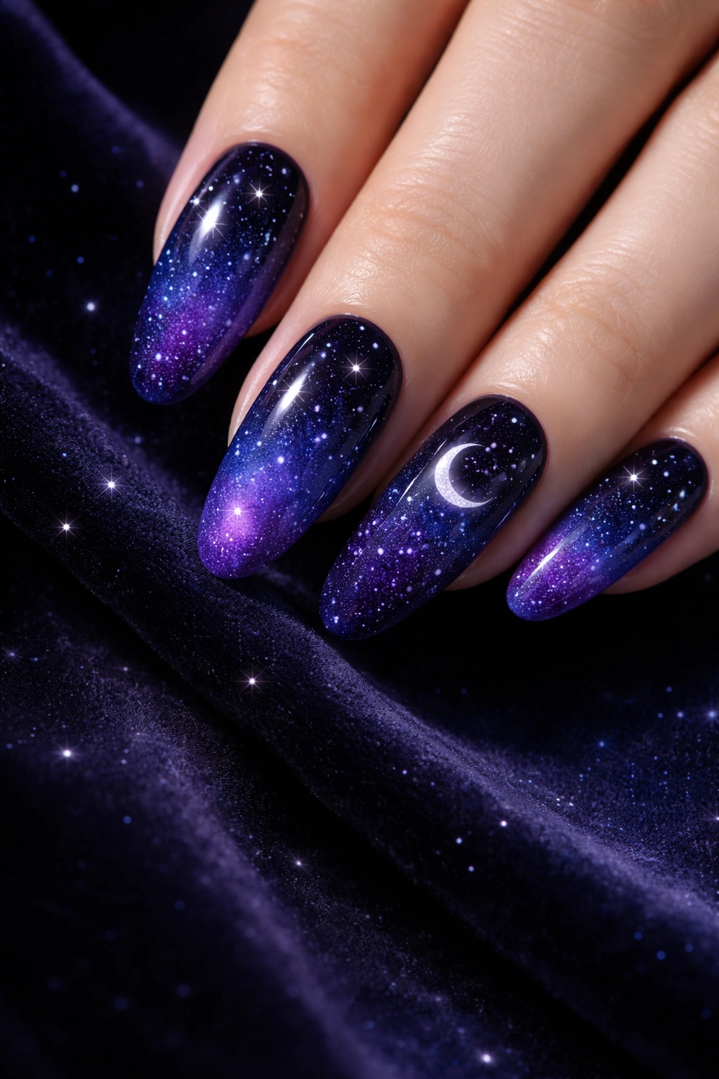 Long oval nails with a night-sky gradient, stars, and moon motif.