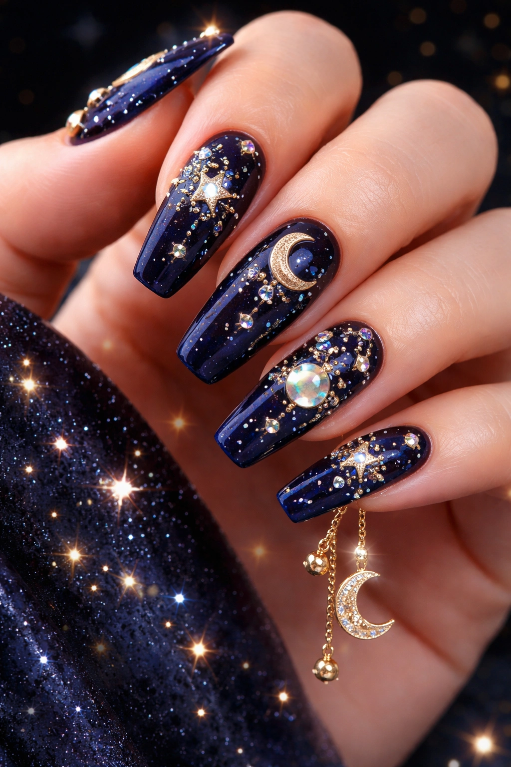 Nails with stars moons and planet charms on dark navy base