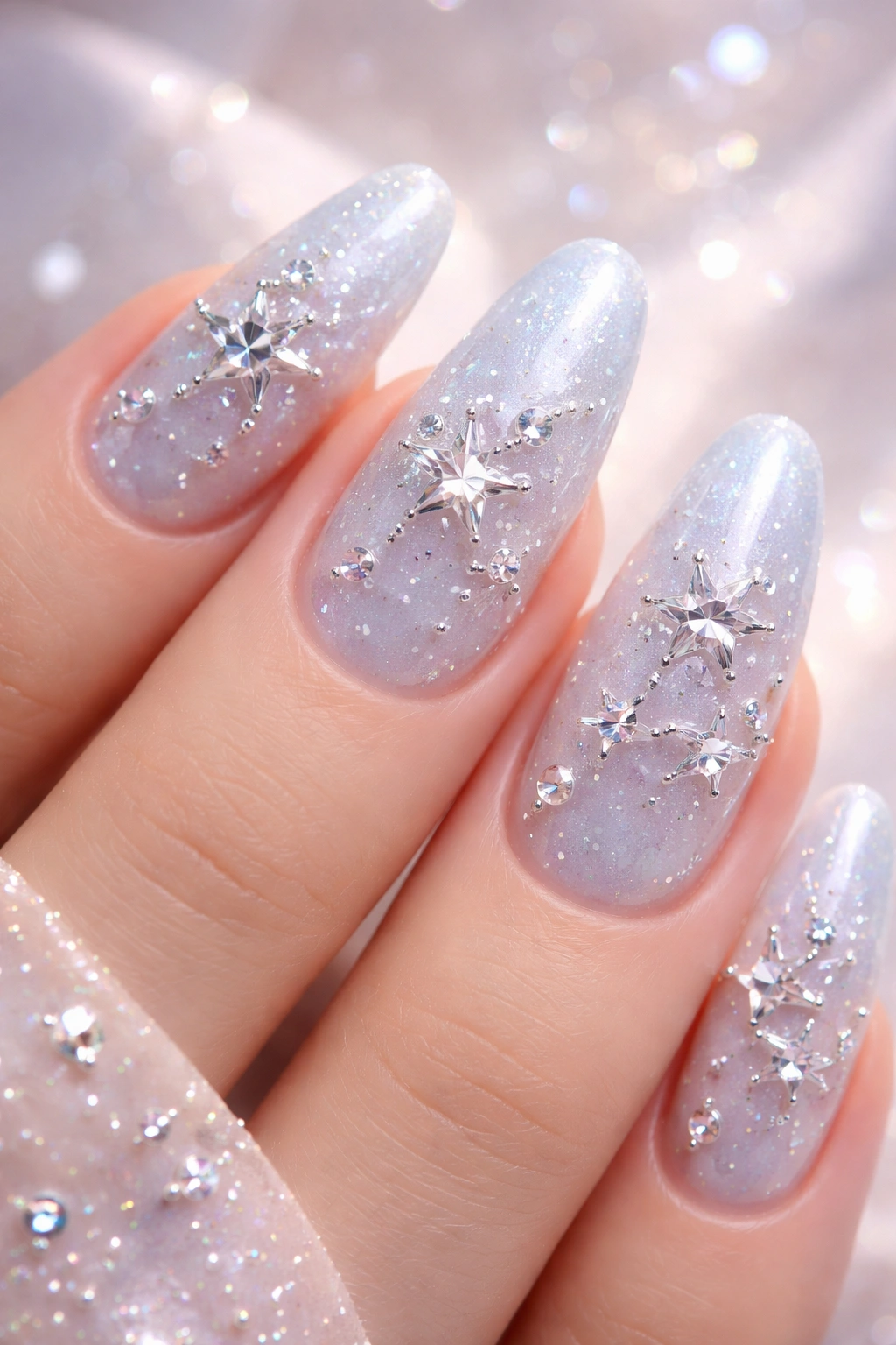 Nails with star rhinestones forming constellation patterns on a pale blue base