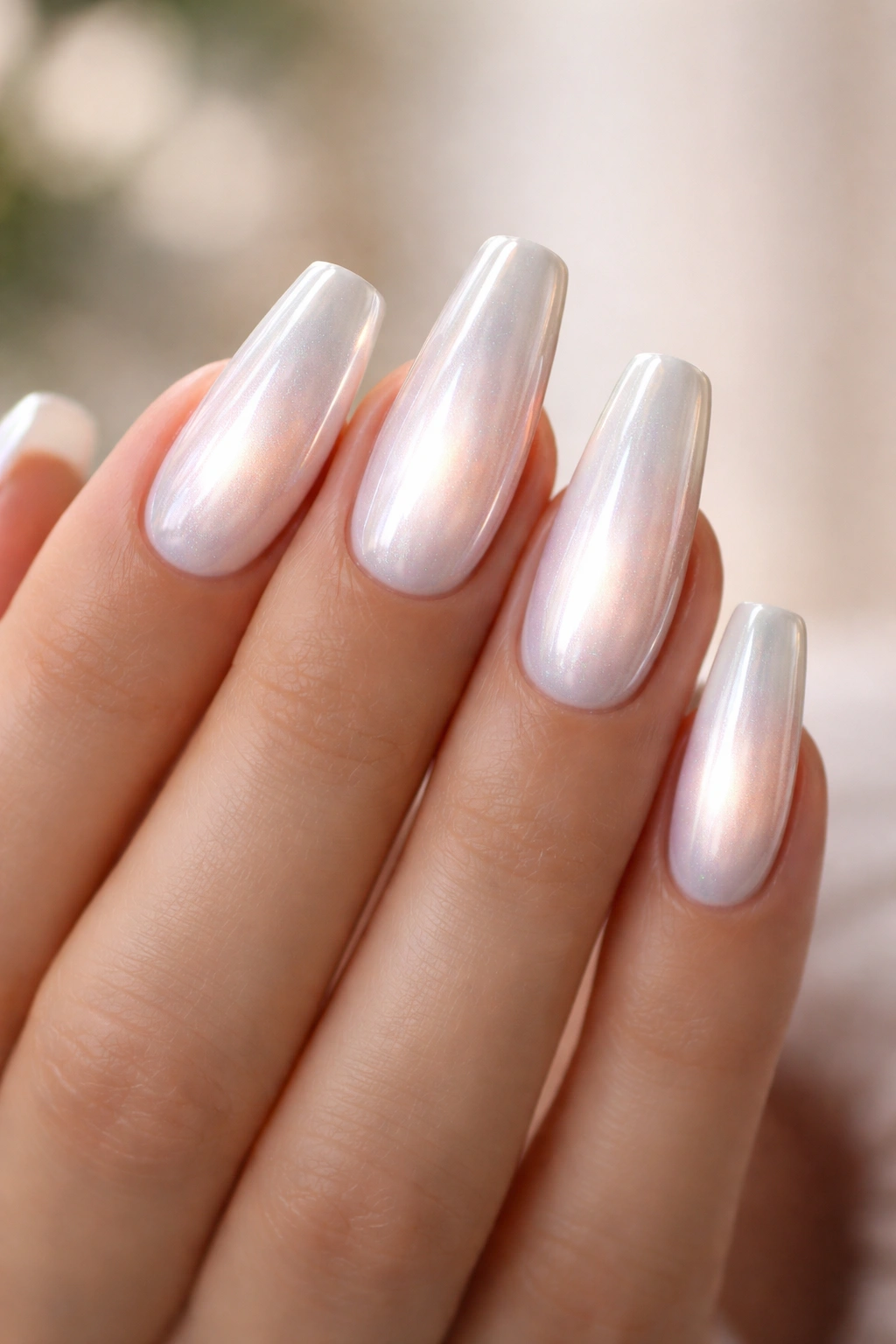 Medium-length ballerina nails with center glow aura in white chrome