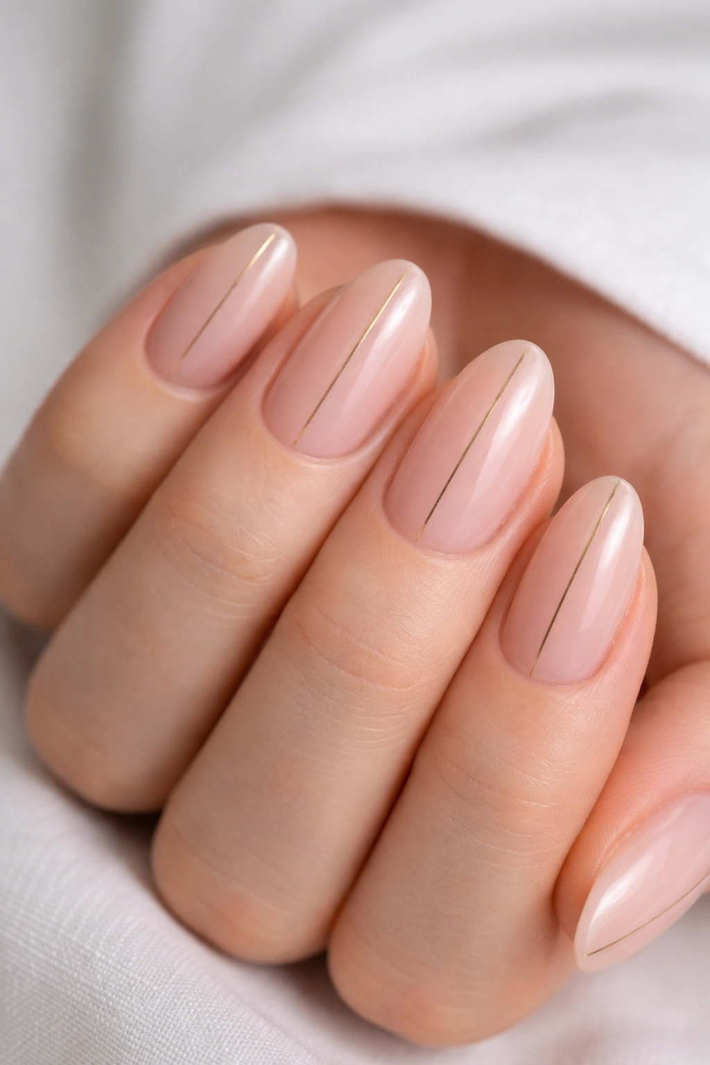 Close-up of single fine center stripe on short almond nails