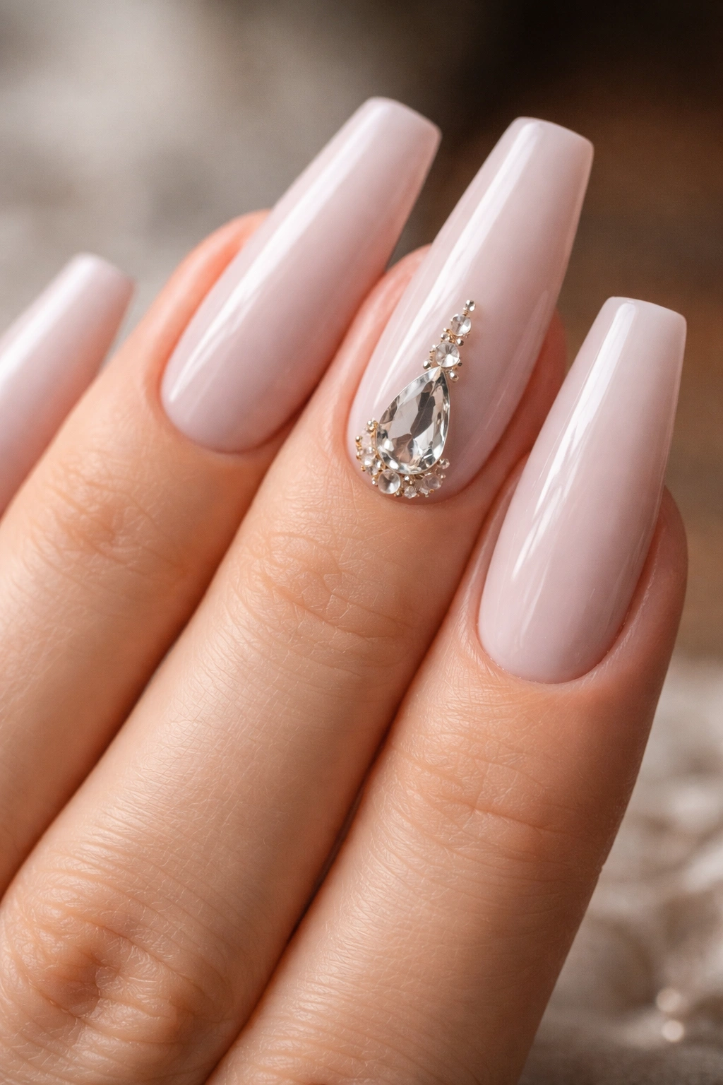 Teardrop crystal centered on nude coffin nail