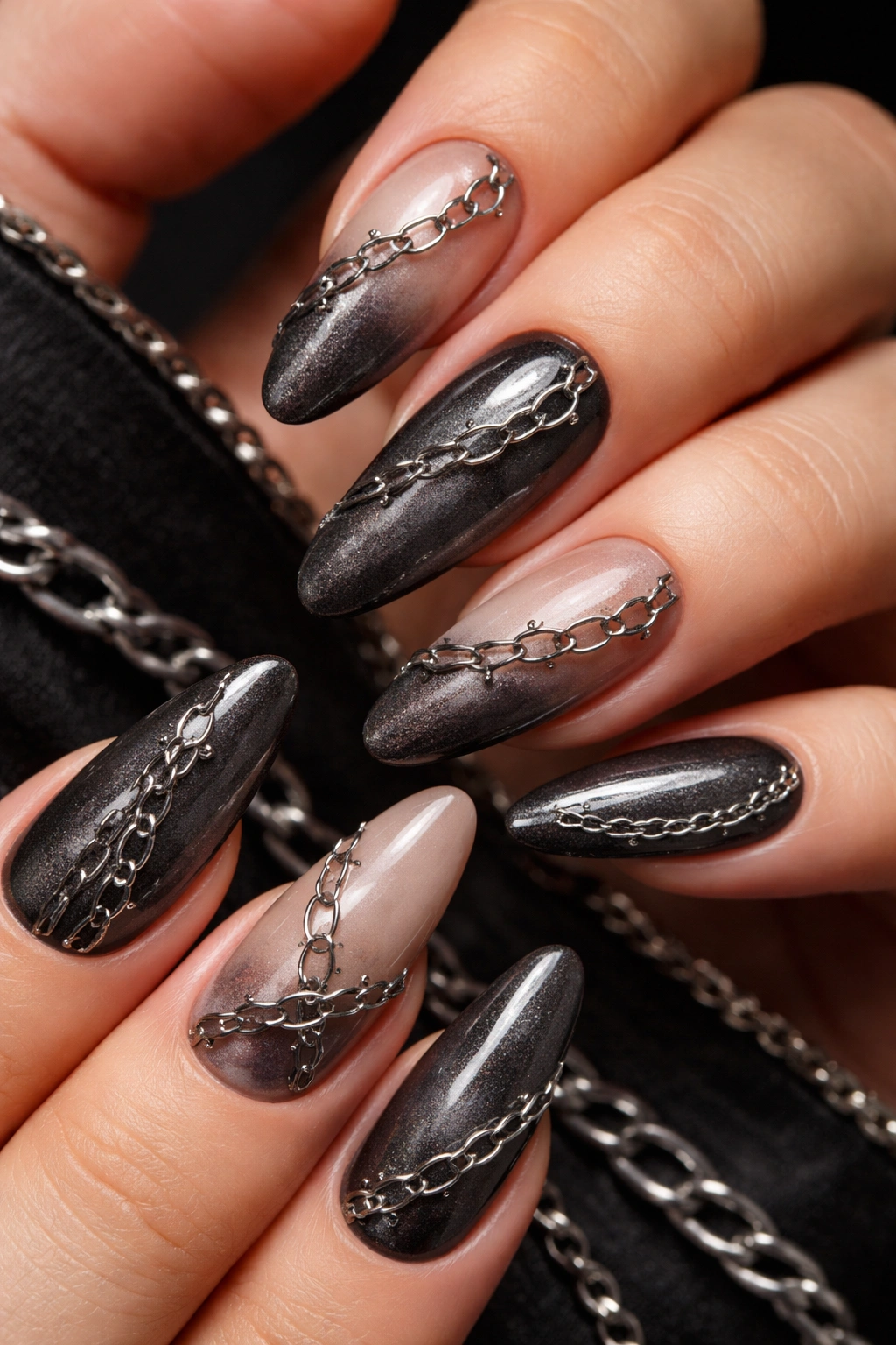 Close-up of nails with chain link painted and subtle metallic accents.