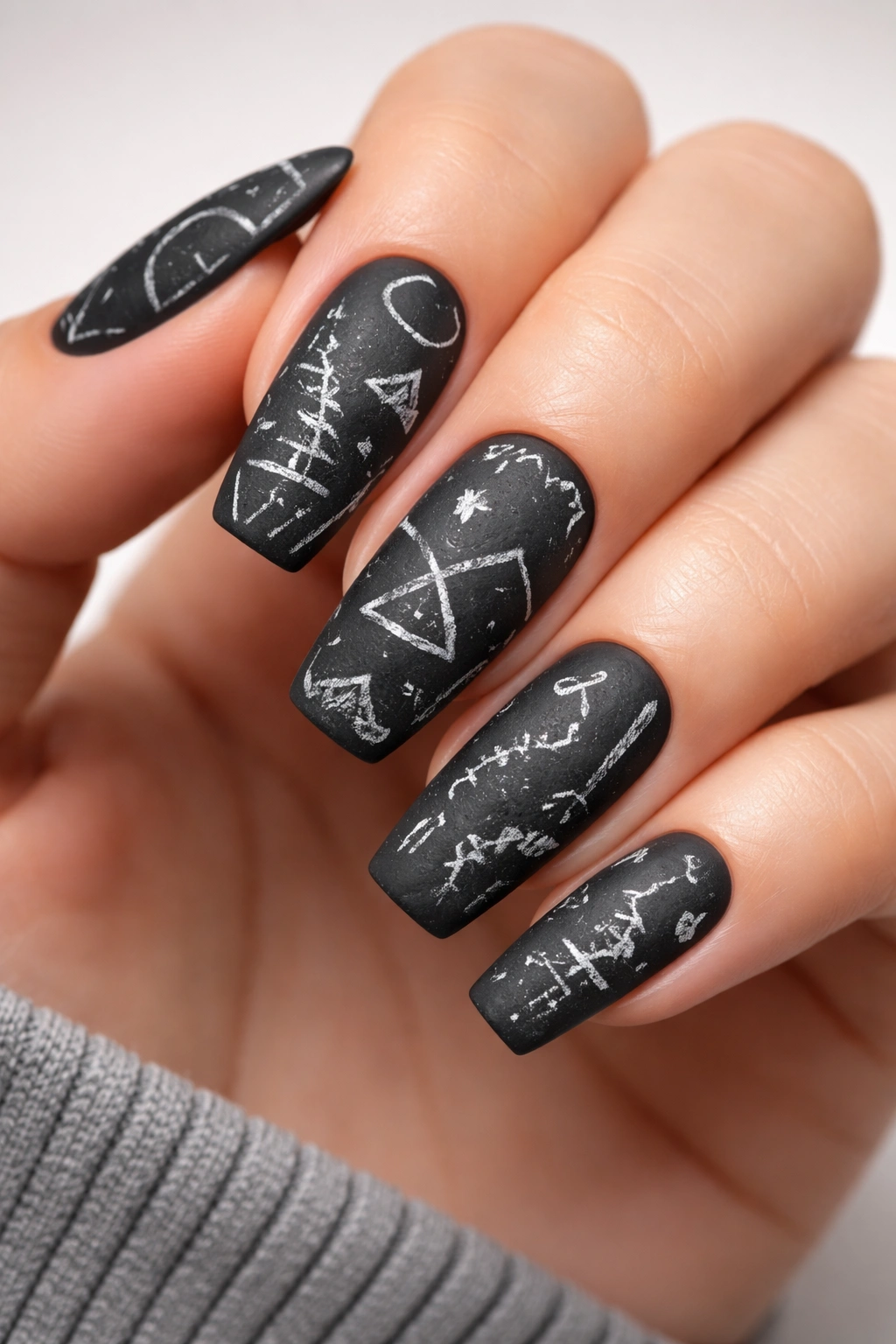 Close-up of matte black nails with white chalk-like abstract markings.