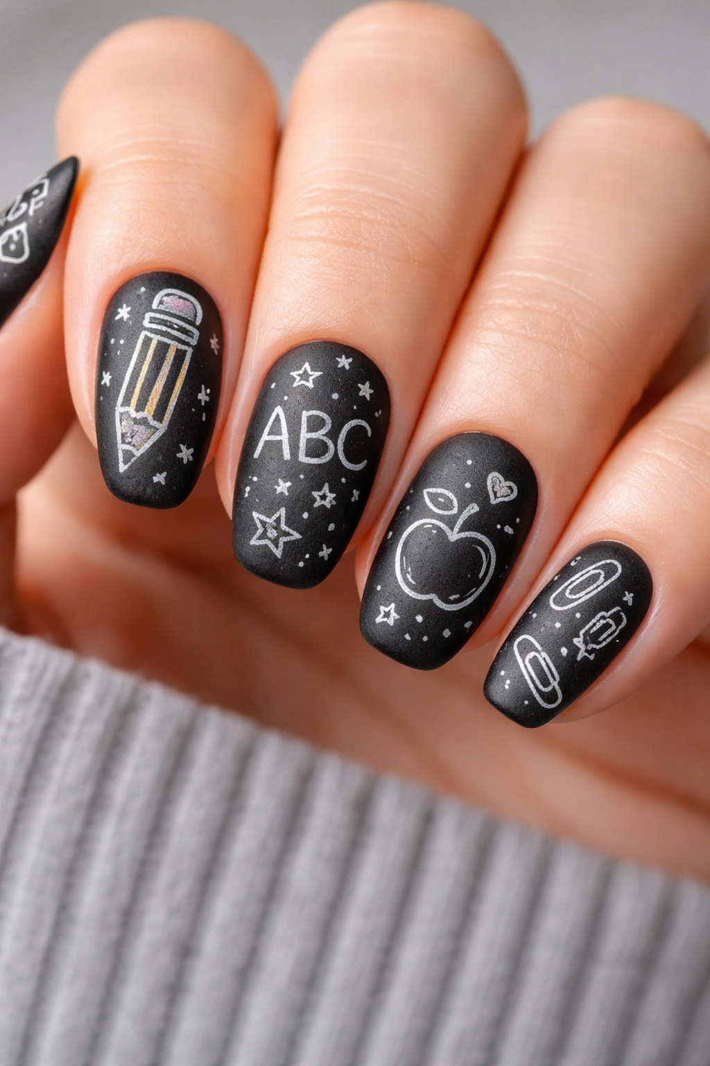 Close-up of chalkboard-inspired nails with matte black base and white doodles