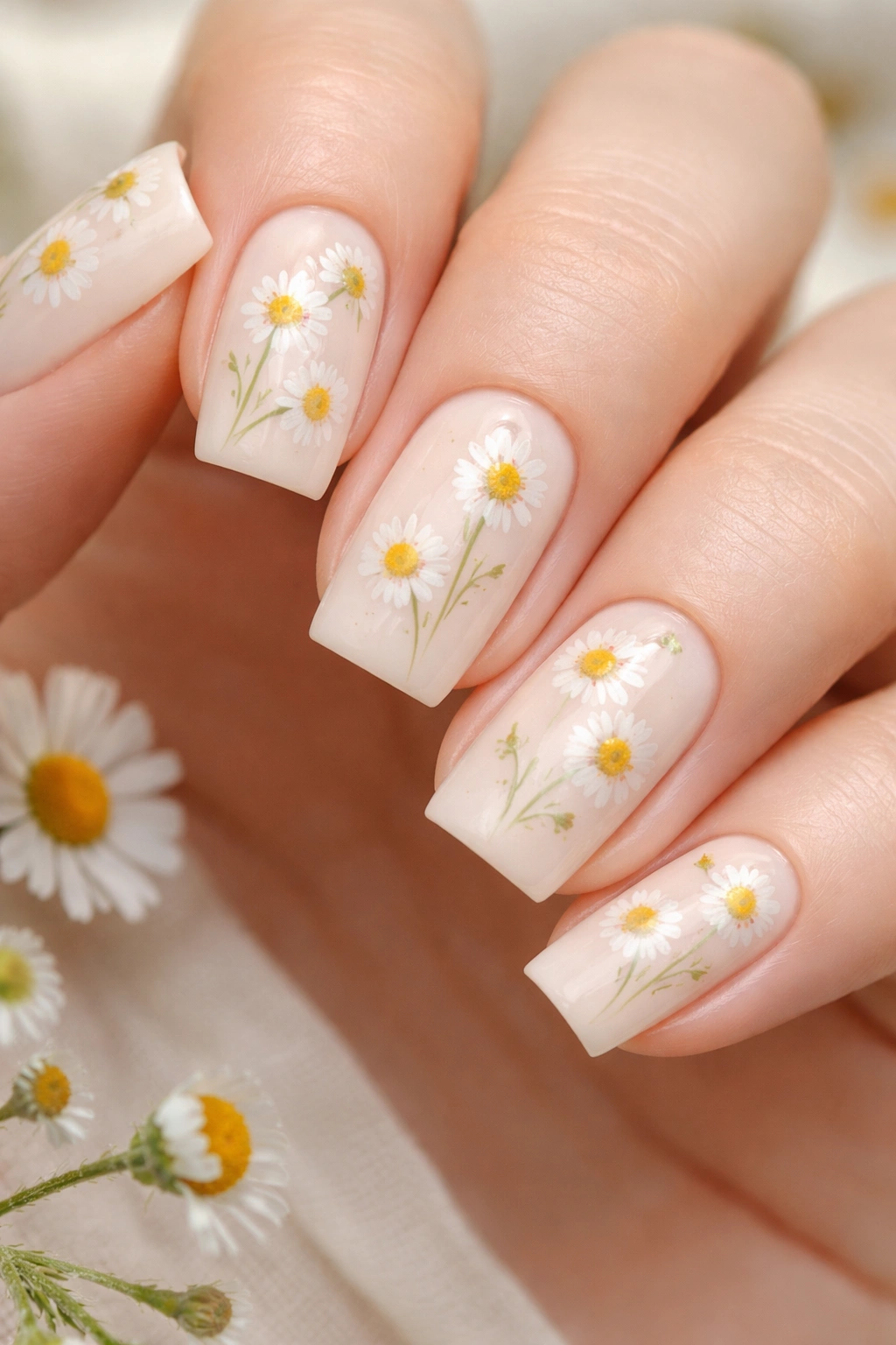 Pale cream nails with tiny chamomile flower designs.