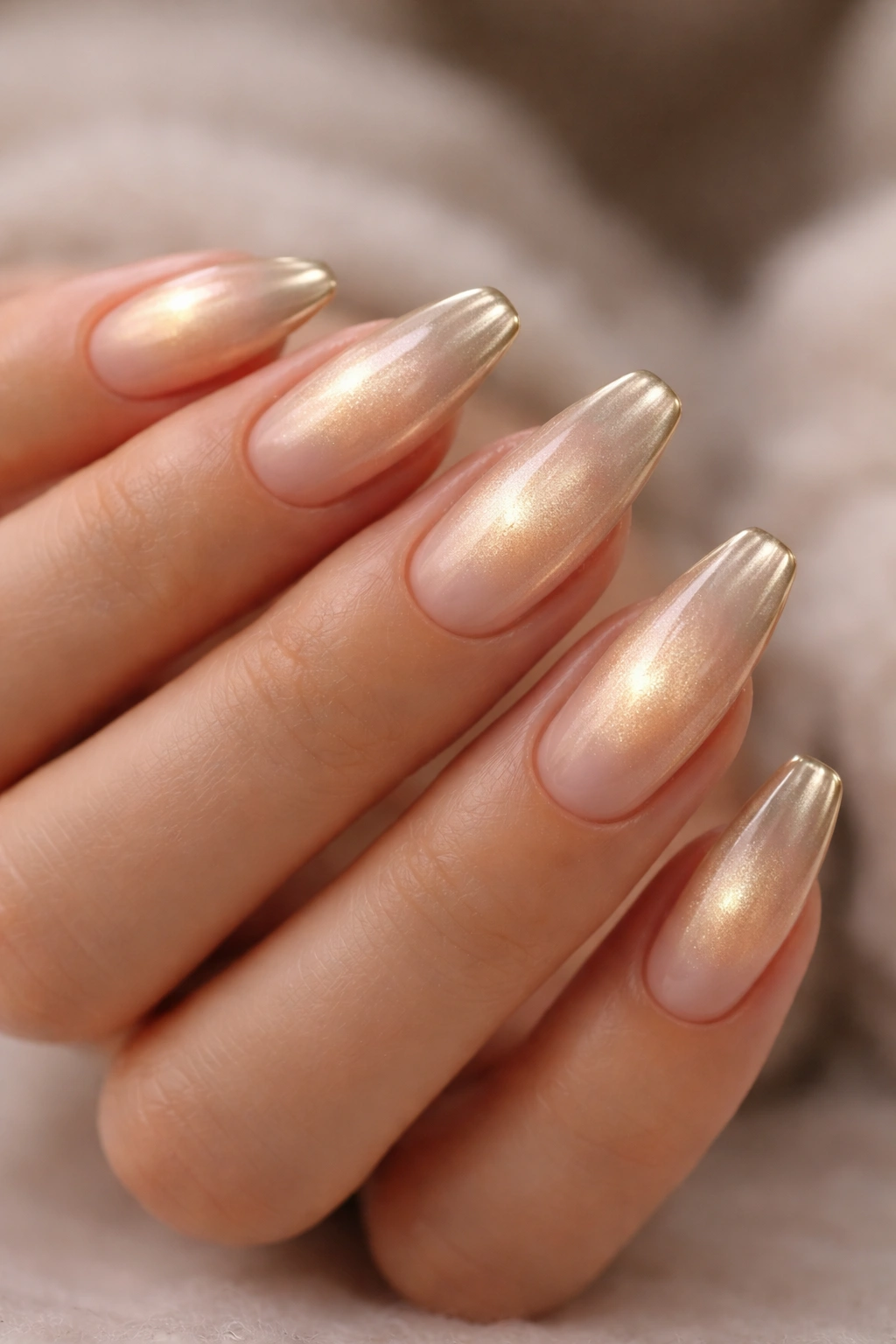Close-up of nails with center champagne glow on nude base