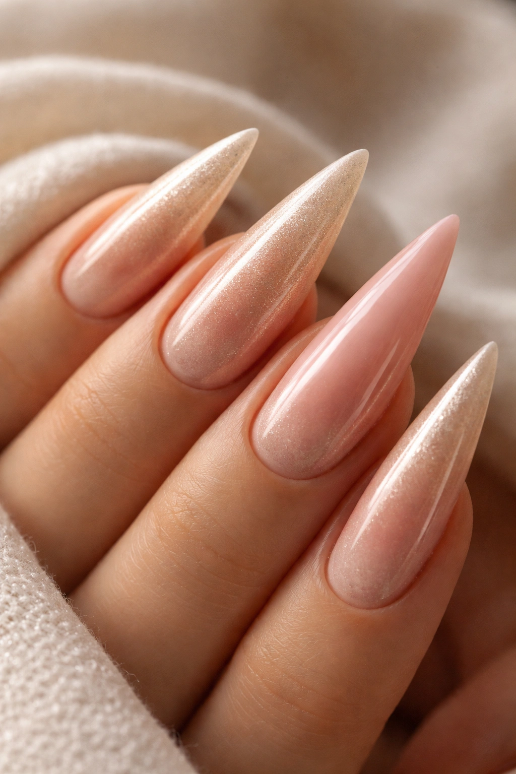 Champagne to blush ombre stiletto nails with dimensional finishes