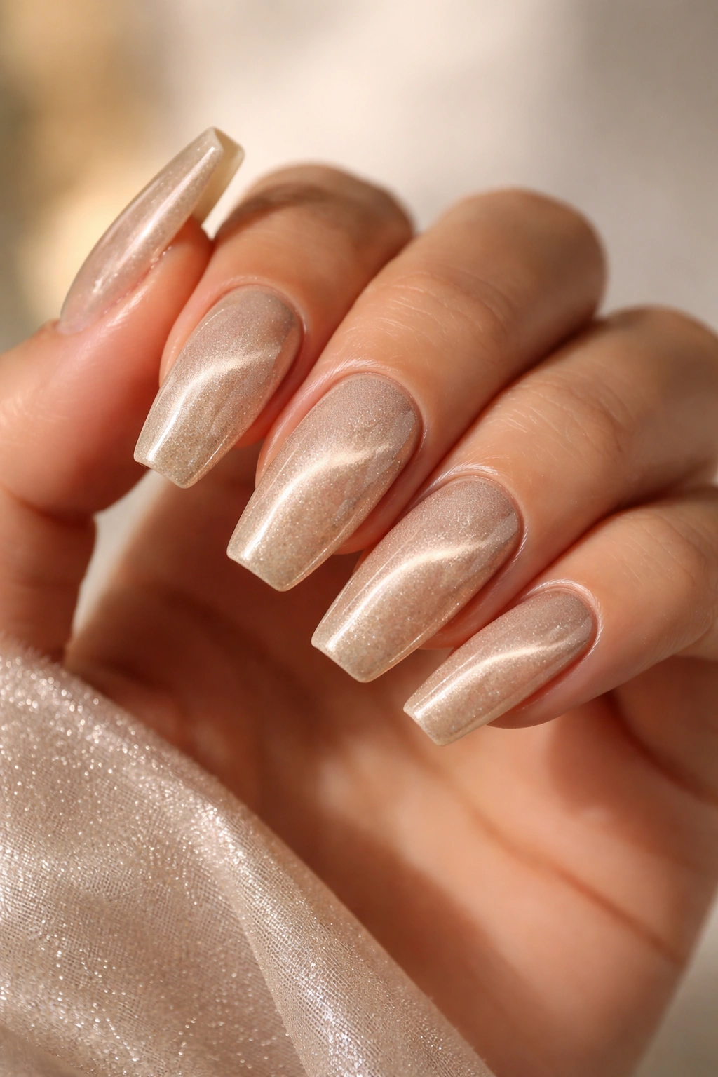 Close-up of champagne cat-eye ballerina nails on medium-length tapered coffin tips