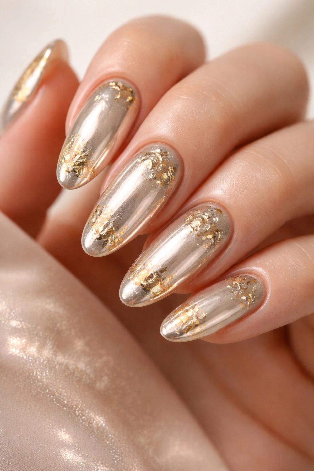 Long oval champagne chrome nails with gold foil detailing under a clear topcoat