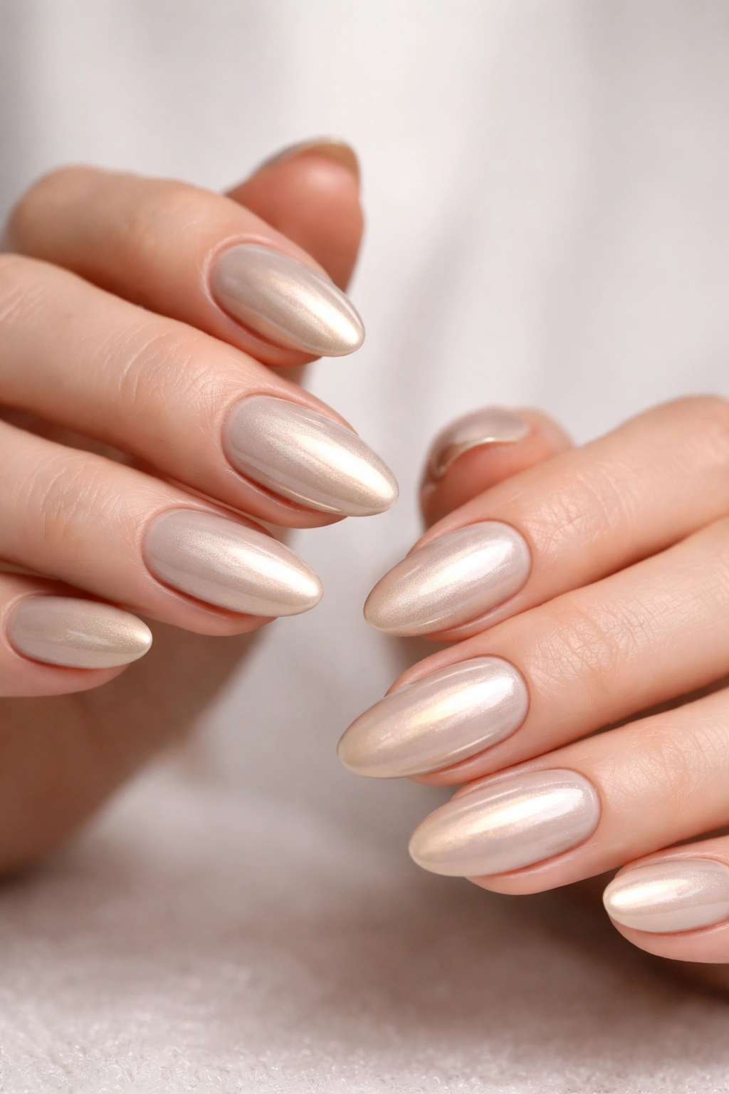 Close-up of champagne chrome nails on a light base with iridescent shimmer