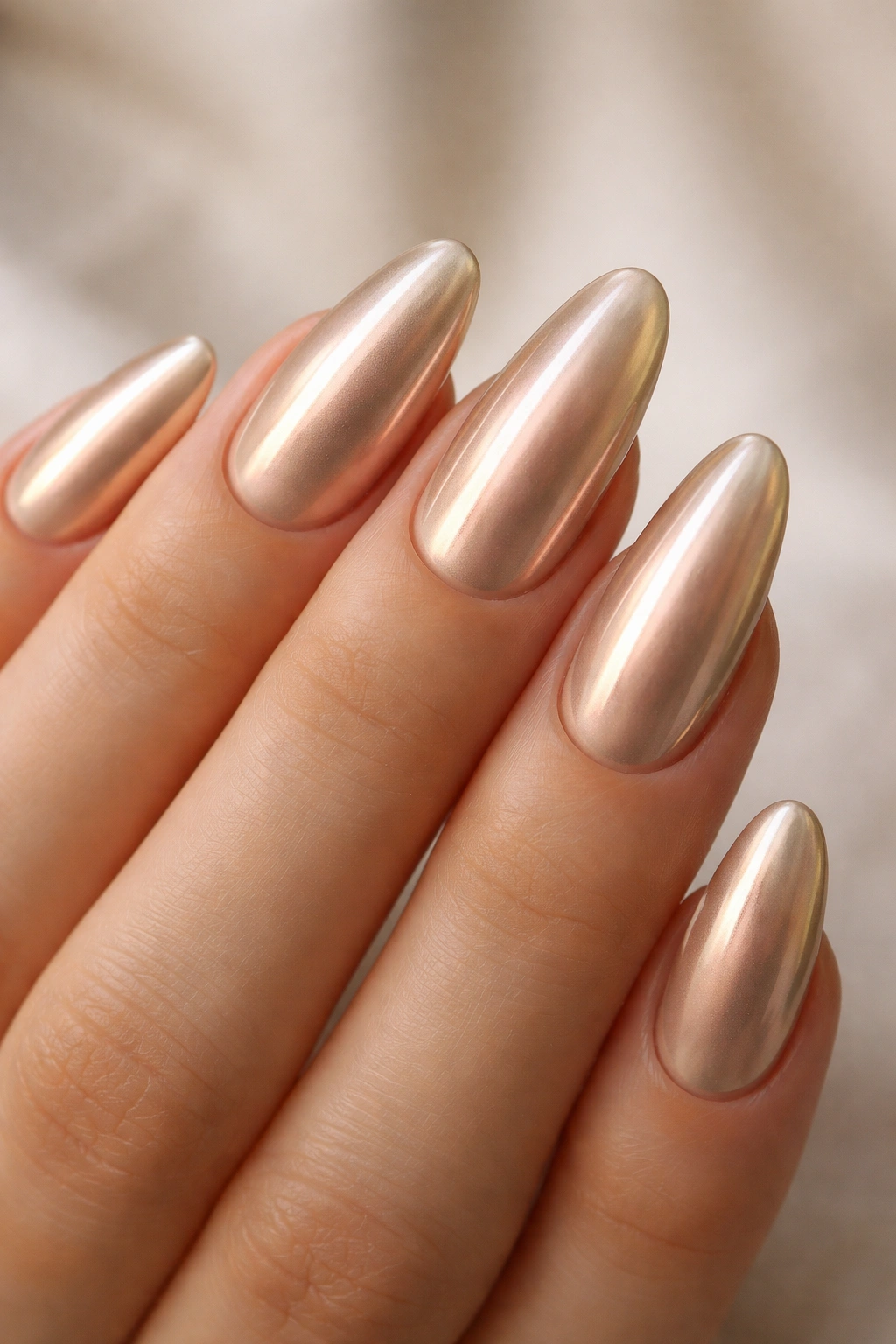 Tapered oval nails with champagne chrome finish