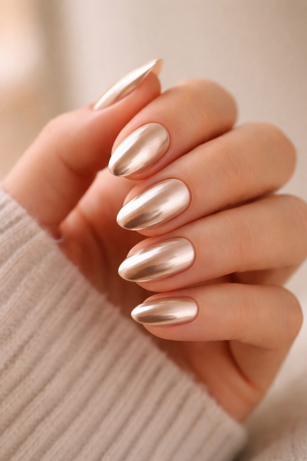 Champagne chrome almond nails on hand with warm reflections