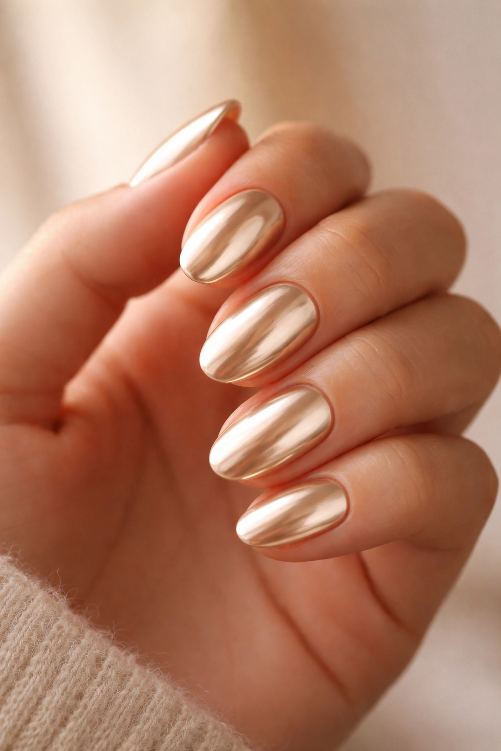 Close-up of a hand with very short almond nails in champagne chrome with soft glow.