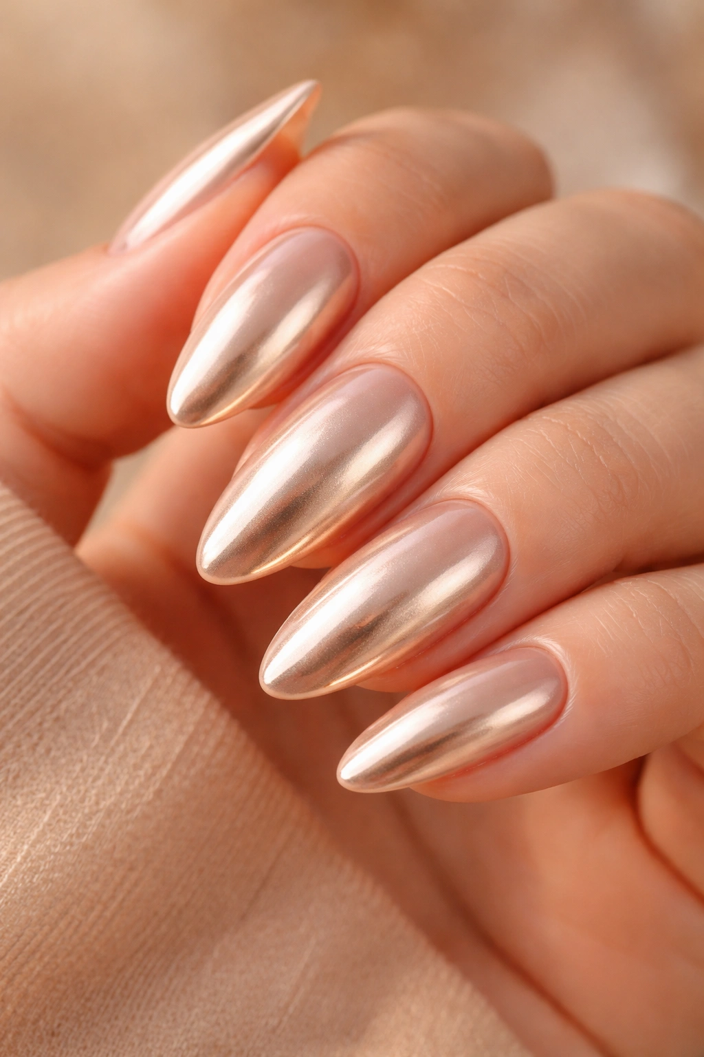 Close-up of almond-shaped nails with champagne chrome on a warm nude base.