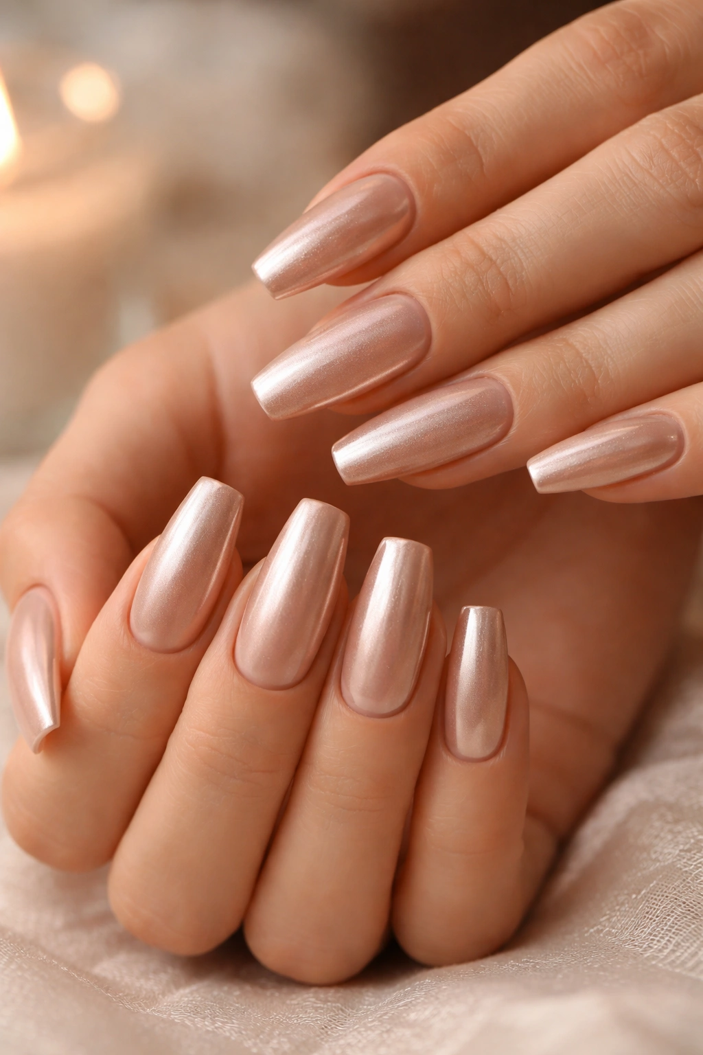 Champagne chrome nails on hands in soft lighting