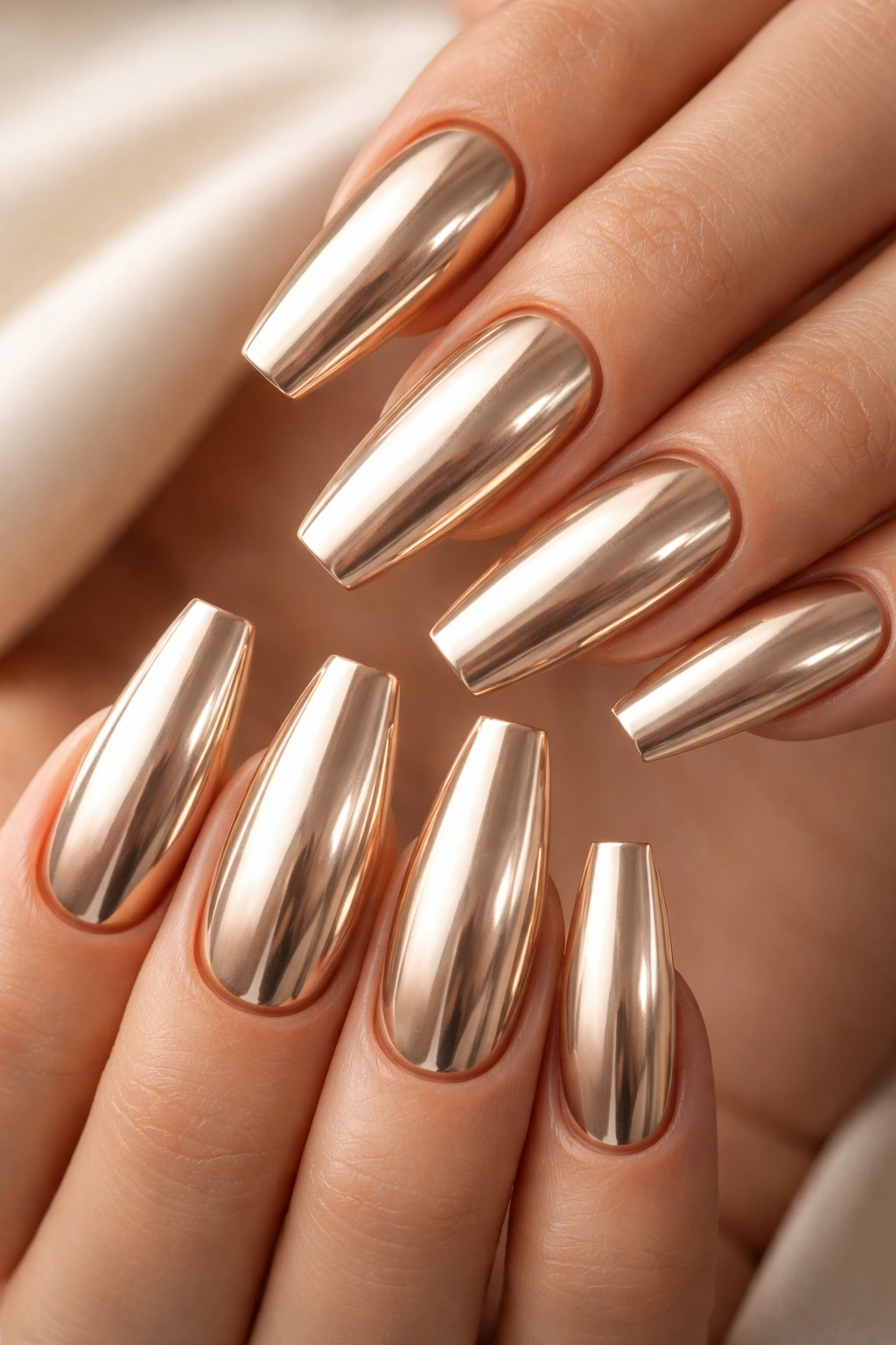Champagne toned nude chrome coffin nails with glossy finish