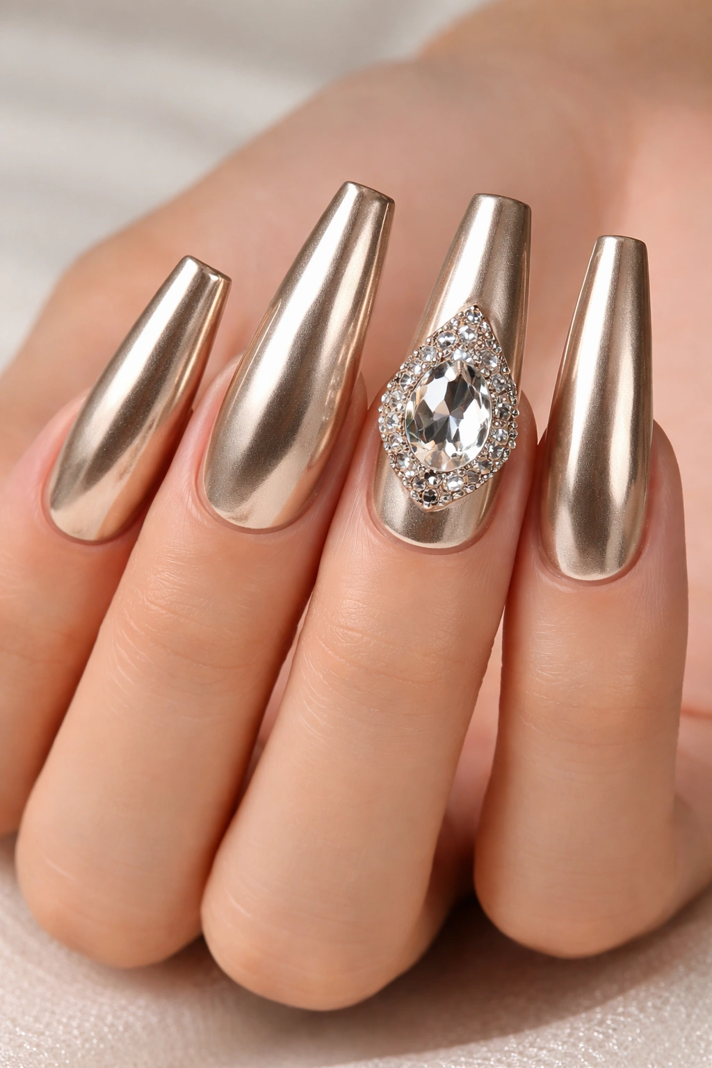 Champagne chrome coffin nails with a single large gemstone centerpiece on an accent nail