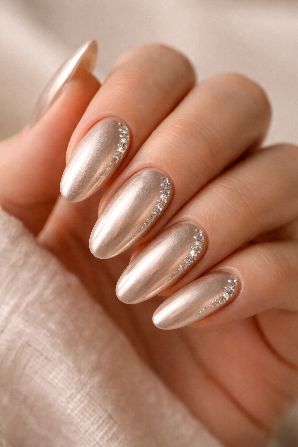 Champagne chrome long oval nails with a diagonal line of stones