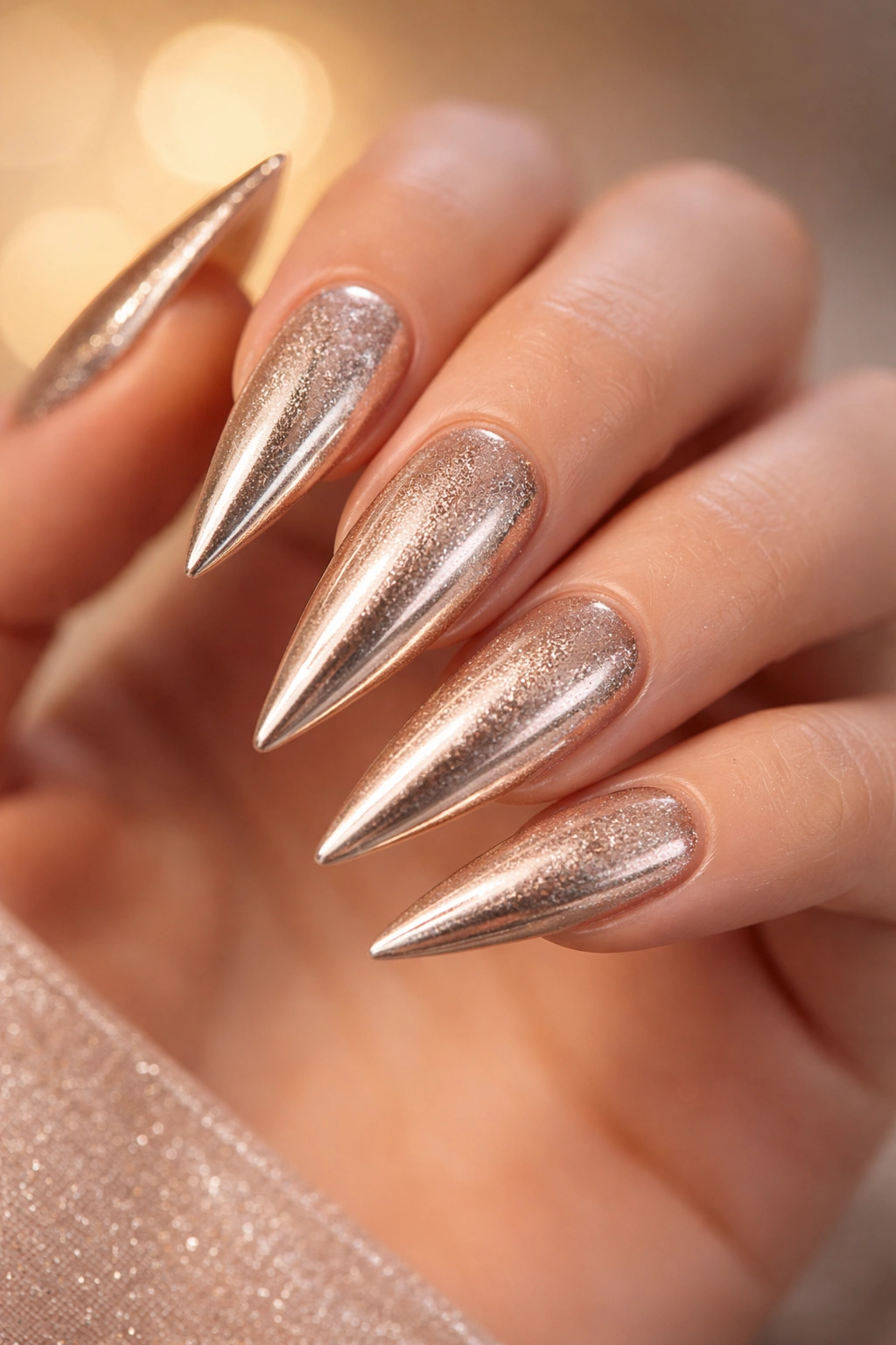 Close-up of champagne chrome stiletto nails with subtle sparkle on a neutral background
