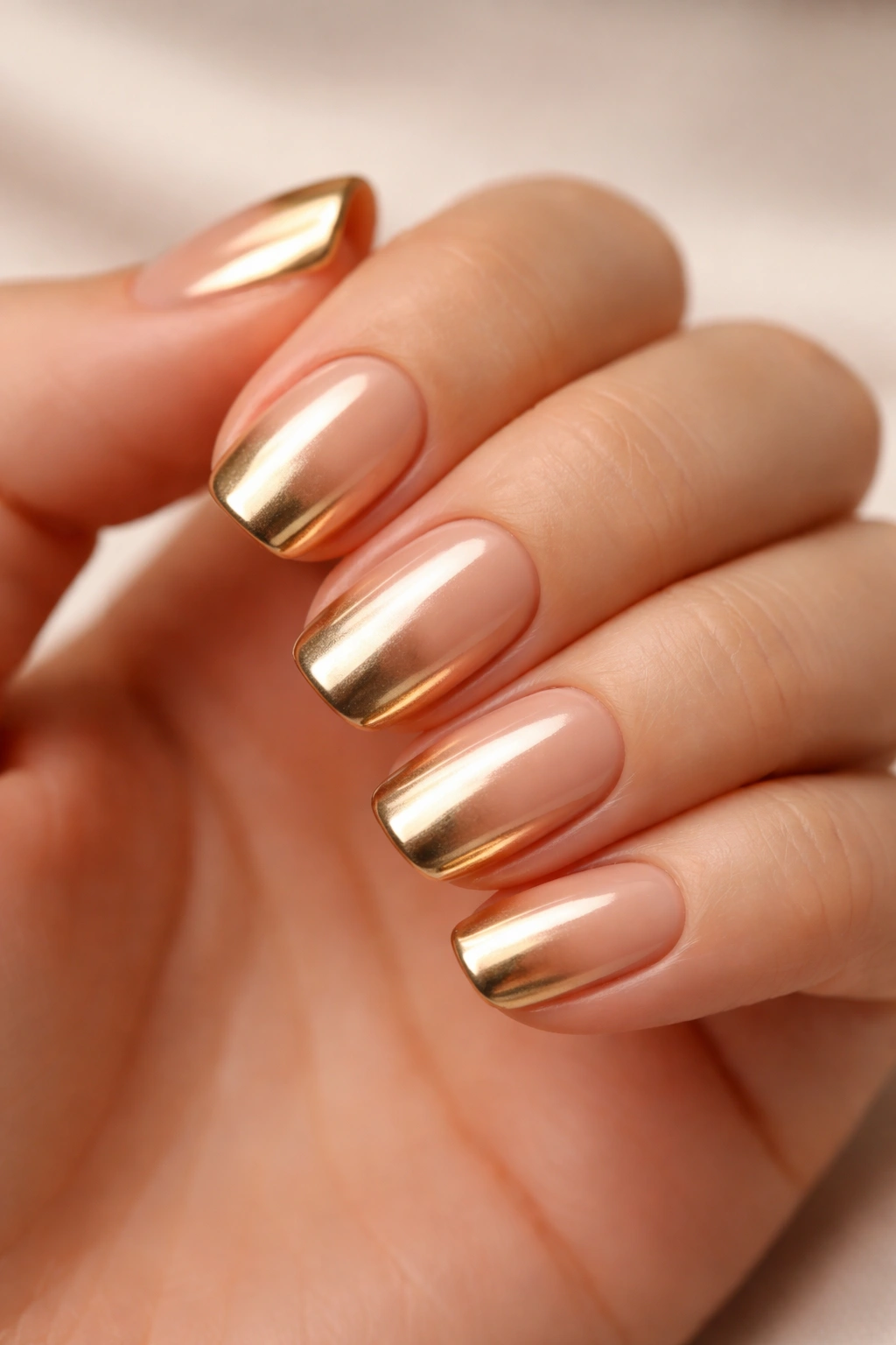 Champagne gold chrome nails over nude base on short nails.