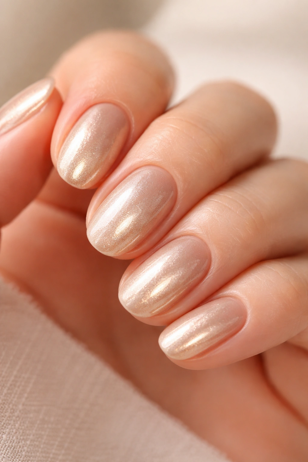 Close-up of short oval nails with champagne chrome over nude base, pale gold shimmer
