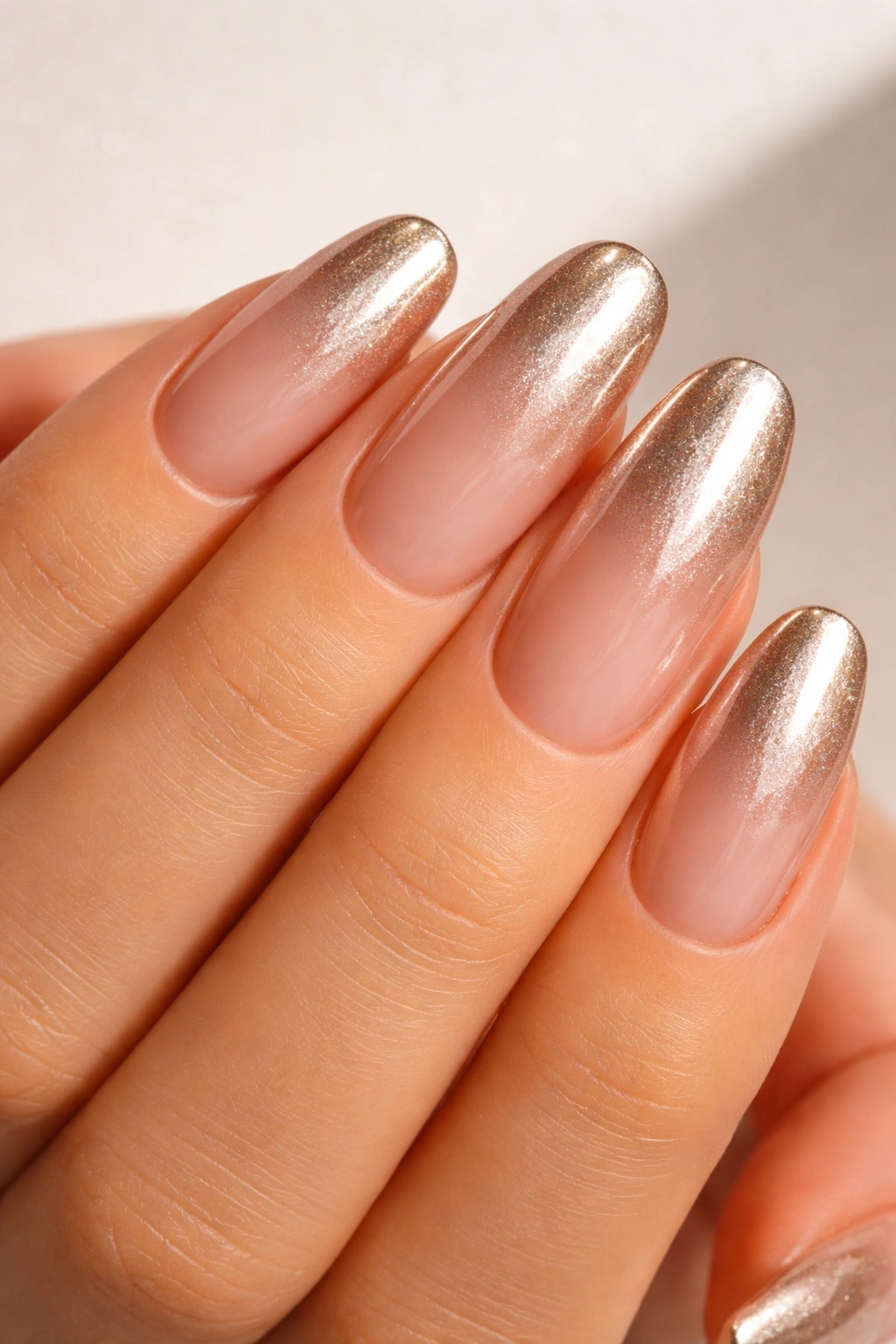 Close-up of champagne chrome nails with nude ombre gradient