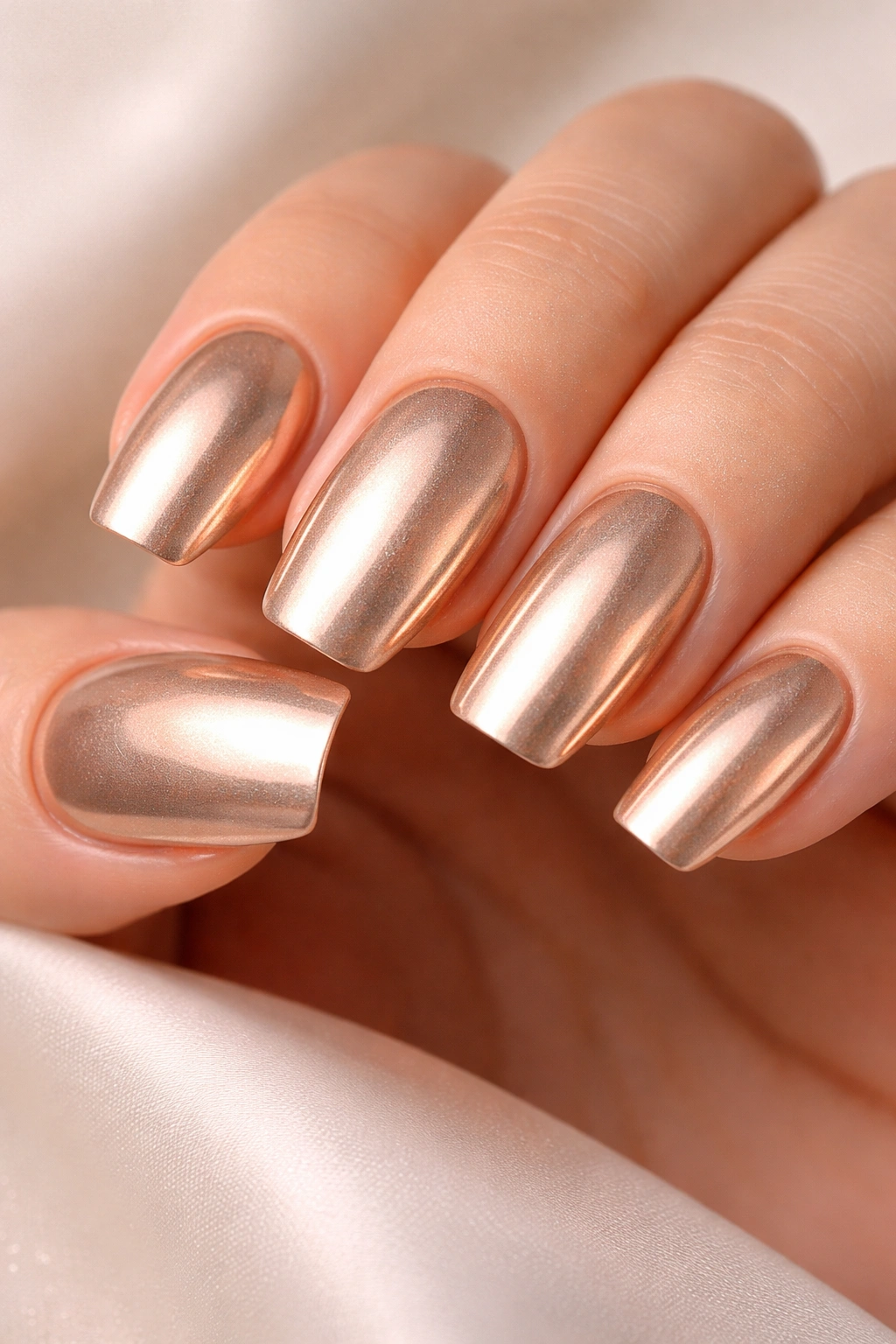 Close-up of champagne chrome squoval nails with warm reflections