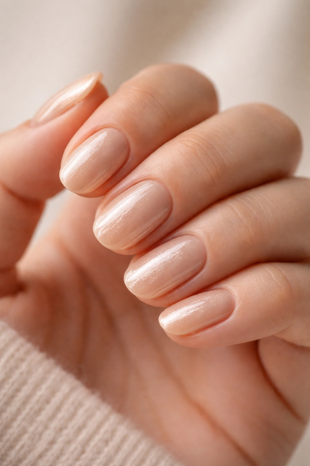 Close-up of short oval nails in soft champagne glaze with satin-like shimmer