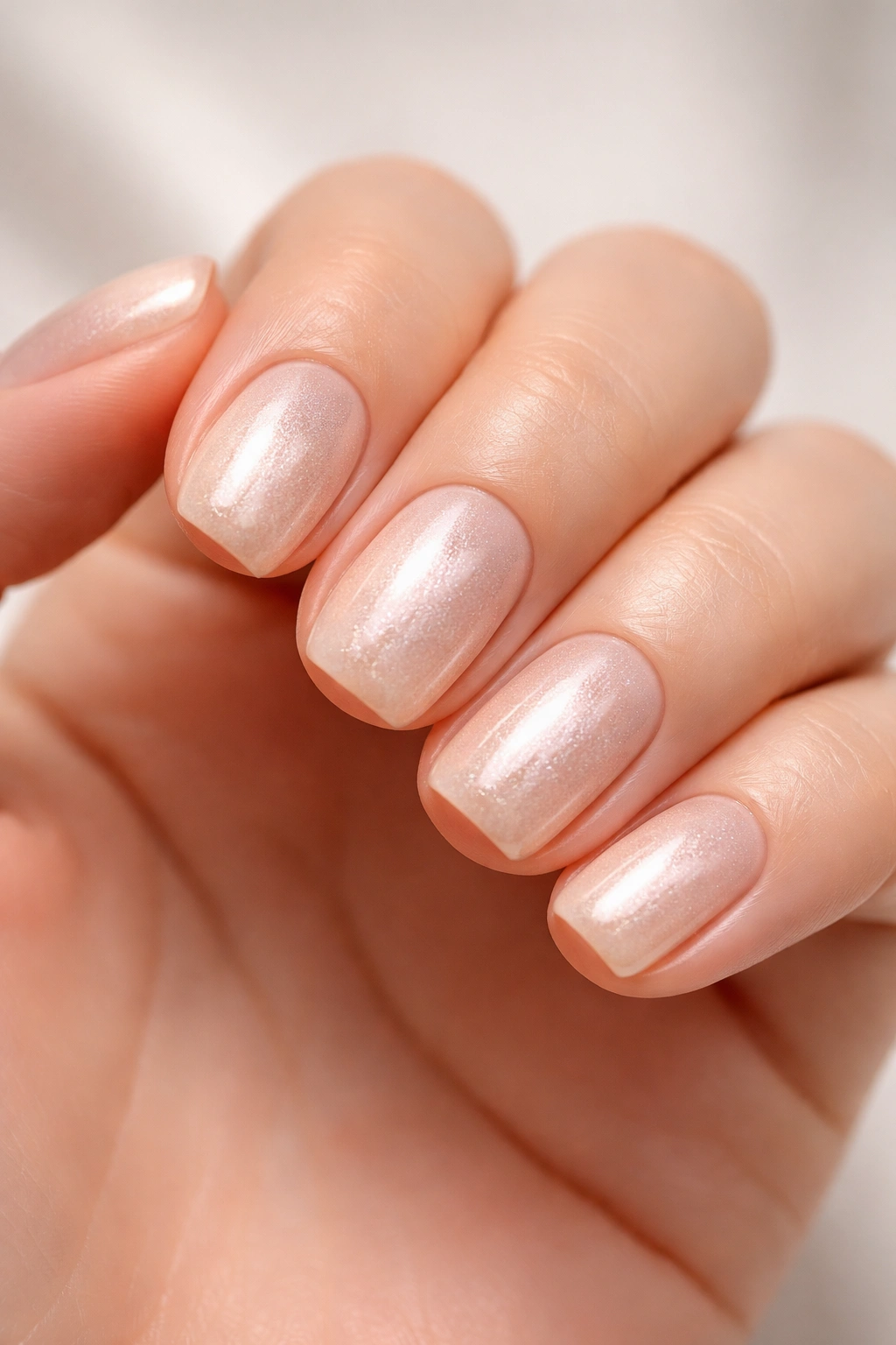 Close-up of squoval nails with champagne glaze and pearl shimmer