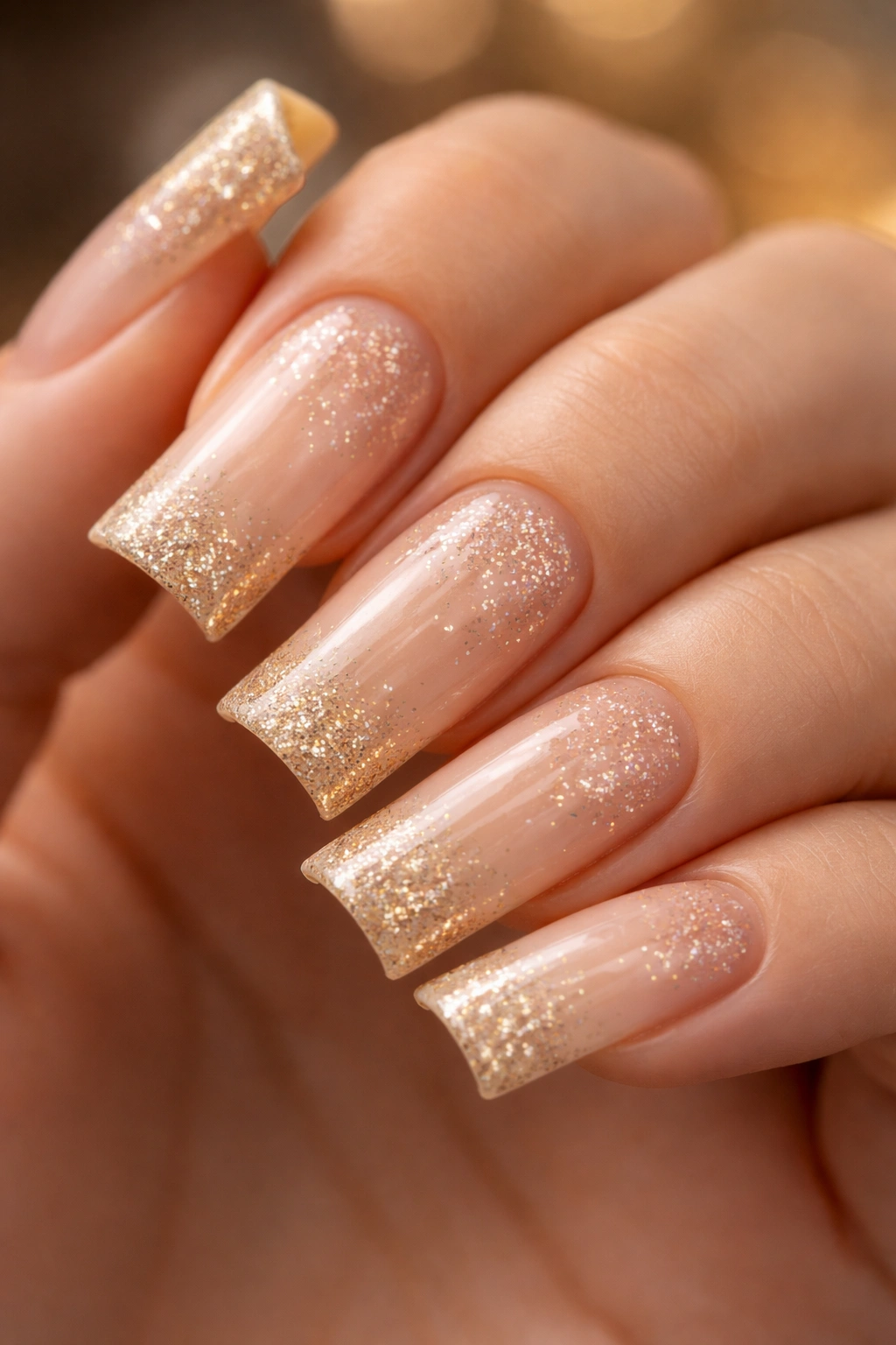 Medium duck nails in warm champagne with scattered glitter