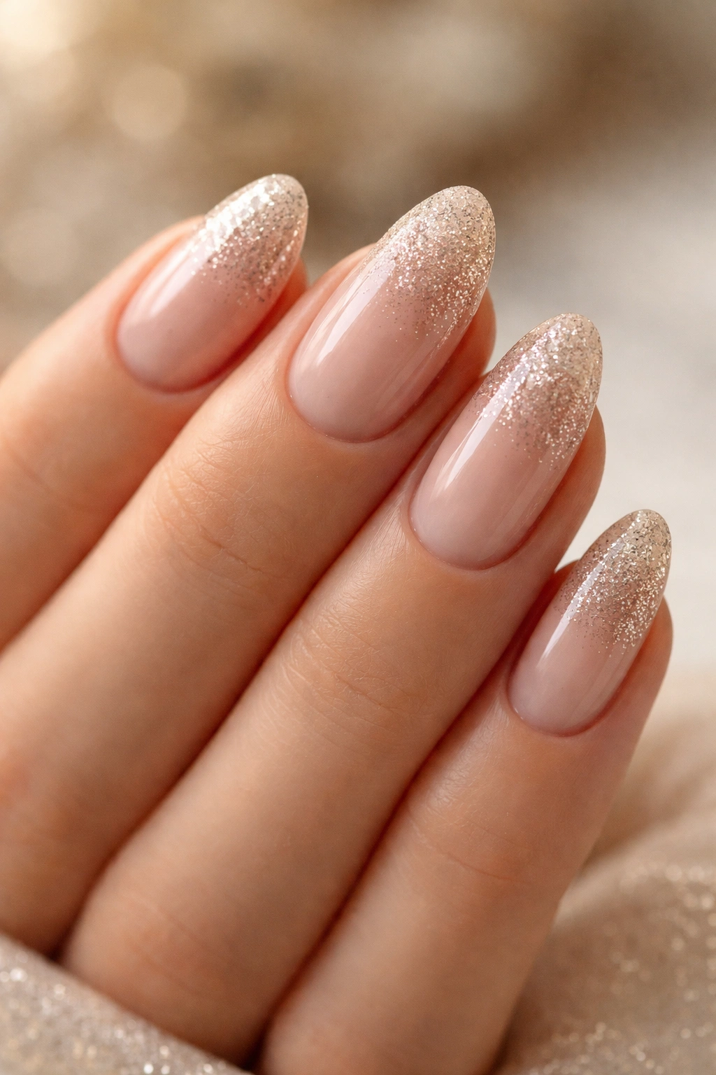 Close-up of champagne glitter on short almond nails with subtle tip focus