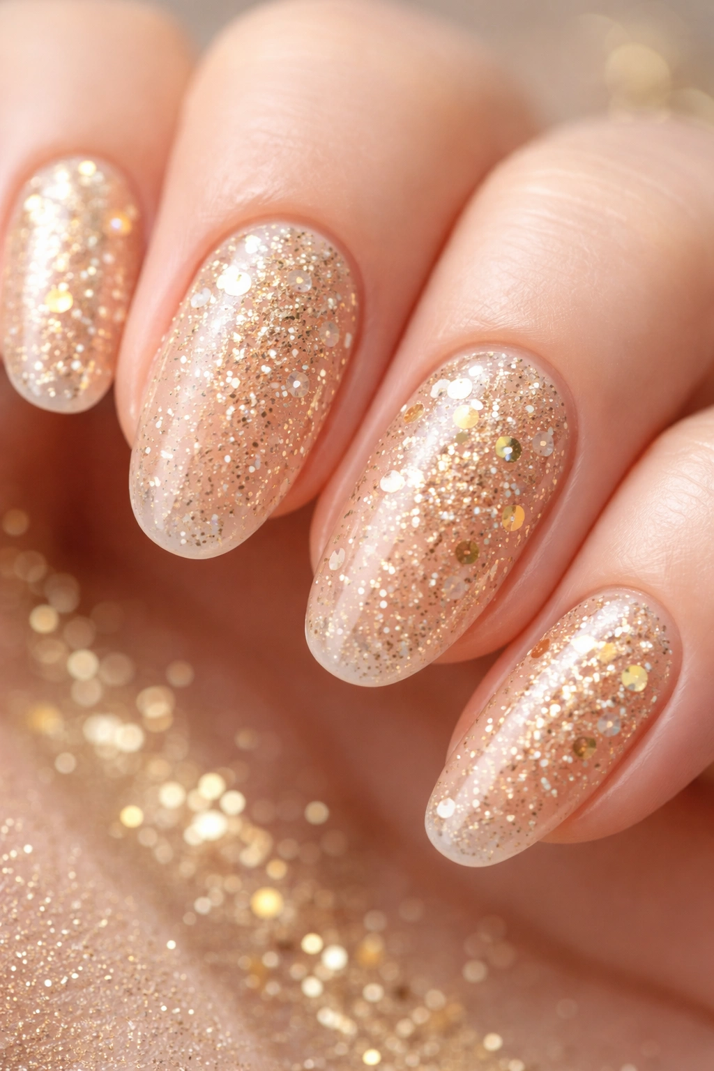 Champagne bubble effect nails close-up with nude base and glitter bubbles