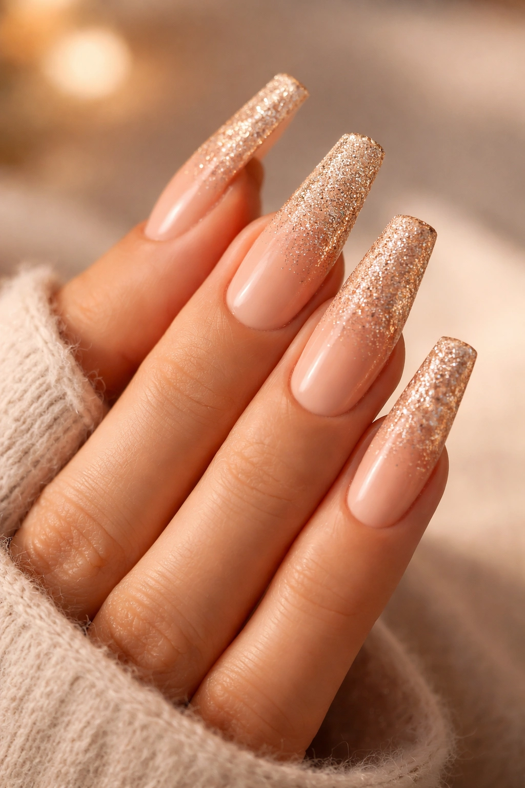 Long coffin nails with peachy champagne glitter fading to nude base.